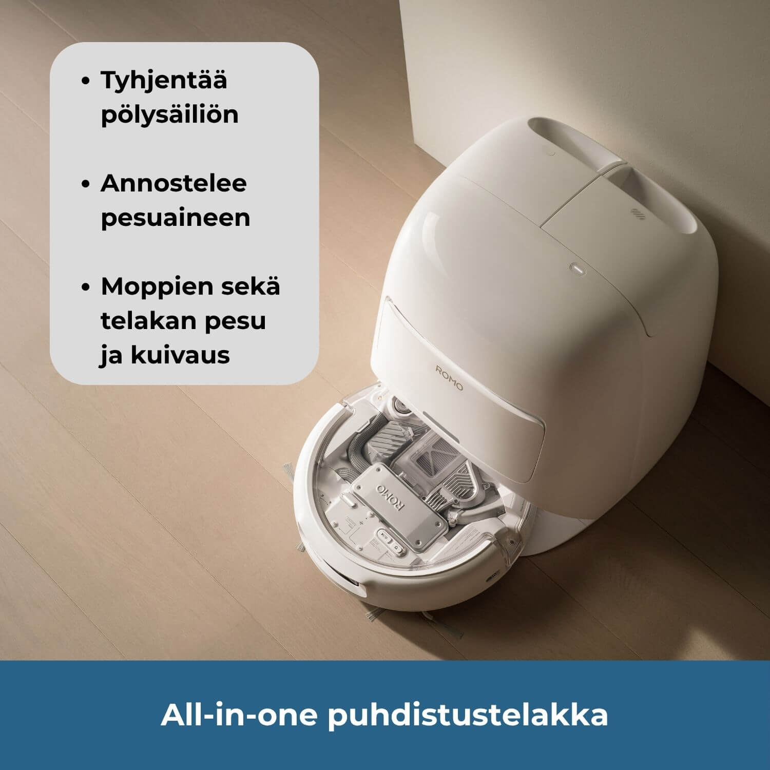 DJI ROMO A all-in-one puhdistustelakka tyhjentää pölysäiliön, annostelee pesuaineen, pesee ja kuivaa mopit