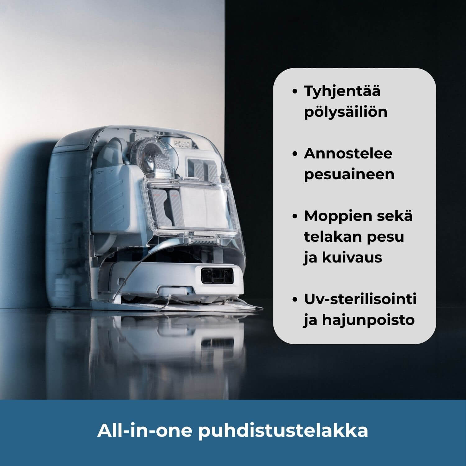 DJI ROMO P all-in-one puhdistustelakka tyhjentää pölysäiliön, annostelee pesuaineen, pesee ja kuivaa mopit