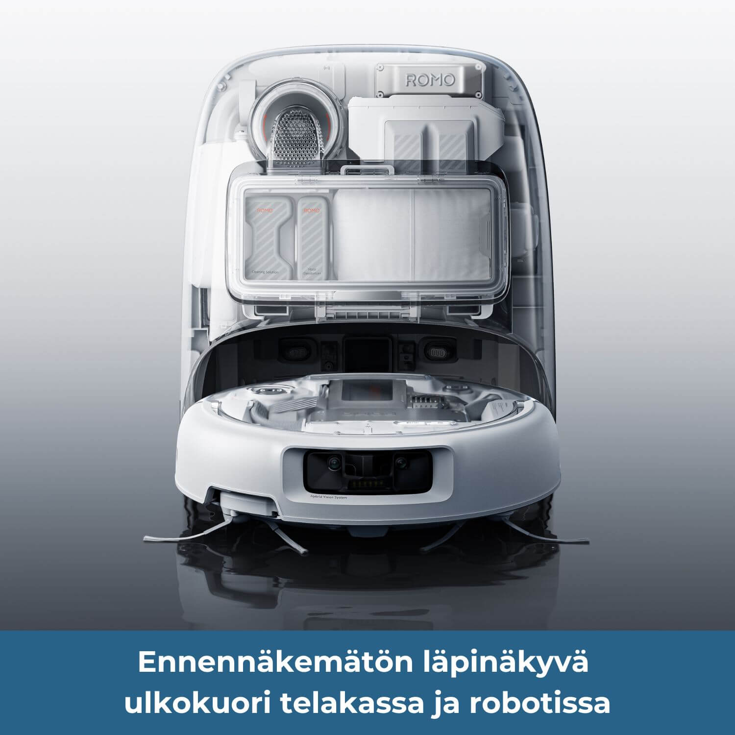 DJI ROMO P läpinäkyvä ulkokuori, telakka ja robotti, innovatiivinen design