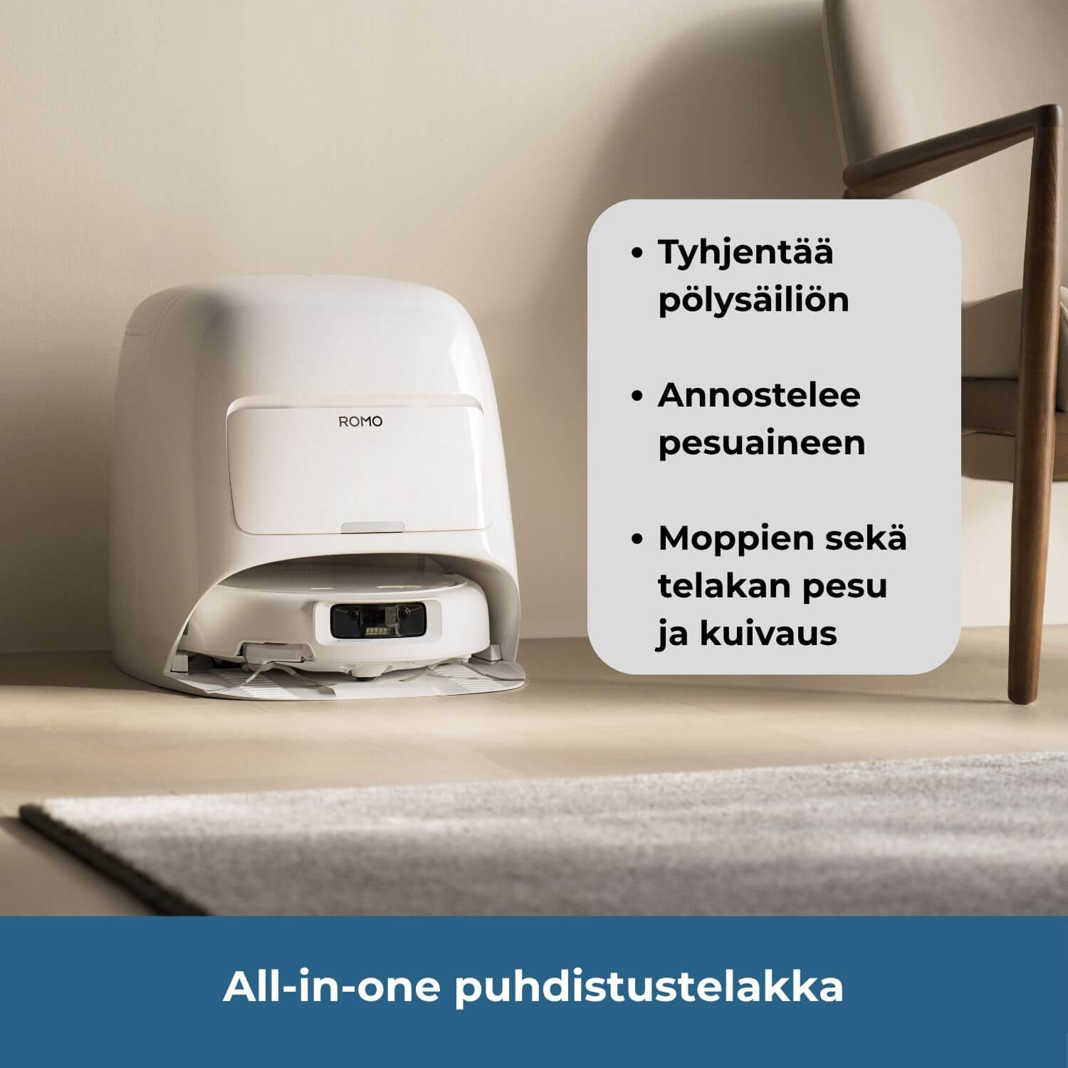 DJI ROMO S all-in-one puhdistustelakka tyhjentää pölysäiliön, annostelee pesuaineen, pesee ja kuivaa mopit