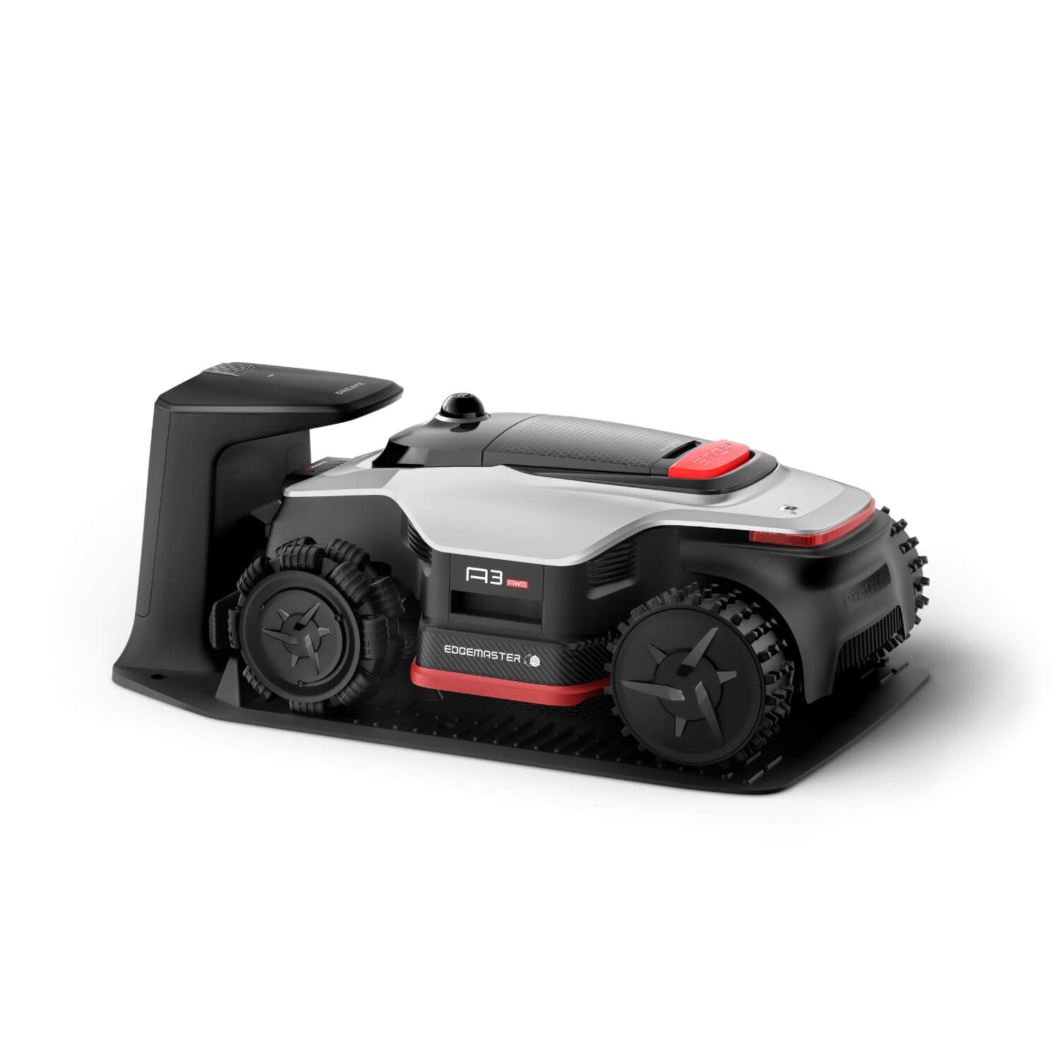 Dreame A3 2500/3500 robottiruohonleikkuri tuotekuva hopea/musta, latausasemassa.
