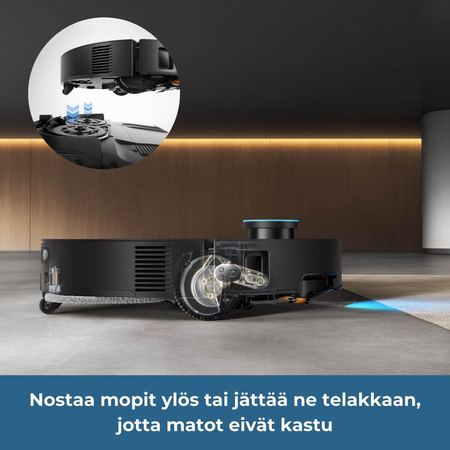 Dreame X60 Ultra robotti-imuri nostaa mopit ylös mattojen päällä tai jättää mopit telakkaan mattoja imuroitaessa, jotta matot eivät kastu.