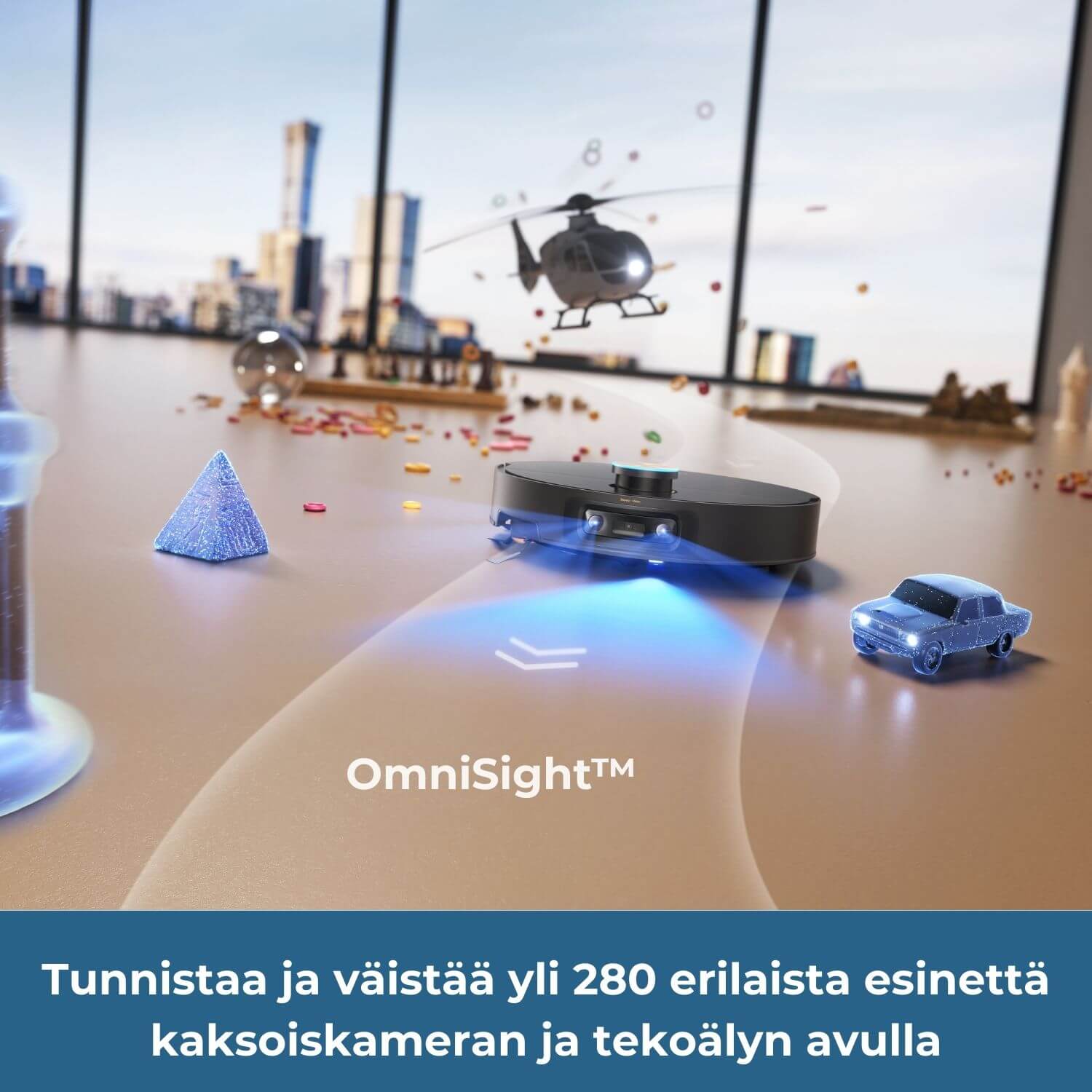 Dreame X60 Ultra robotti-imurissa on edistyksellinen esteidentunnistus. Se tunnistaa ja väistää jopa yli 280 erilaista esinettä ja estettä kaksoiskameran ja tekoälyn avulla. Leluja tai tavaroita ei tarvitse kerätä pois lattioilta.