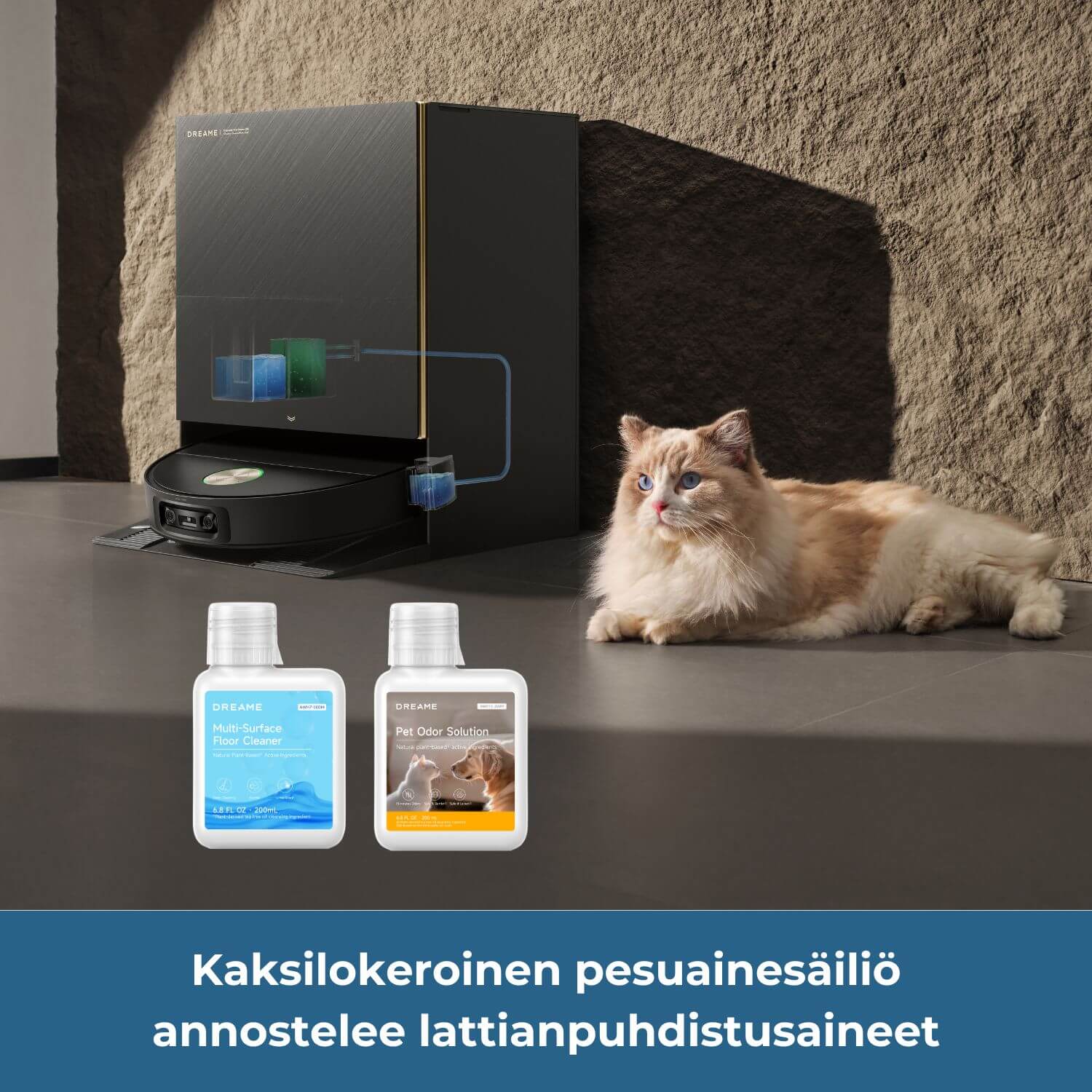 Dreame X60 Ultra robotti-imurissa on kaksilokeroinen pesuainesäiliö, joka annostelee lattianpuhdistusaineet automaattisesti. Mukana tulee Dreame Multi-surface floor cleaner-yleispuhdistusaine ja Pet odor solution -lemmikinhajuja neutralisoiva lattianpuhdistusaine.