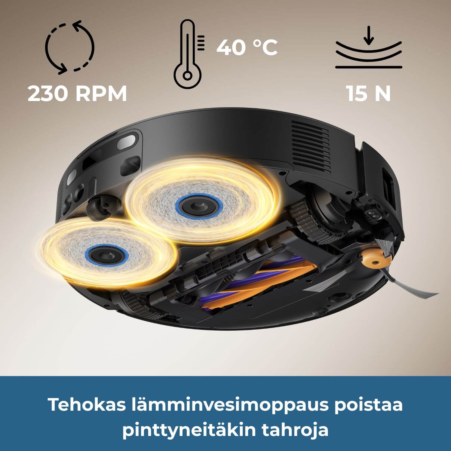 Dreame X60 Ultra robotti-imurissa on tehokas lämminvesimoppaus (40 asteinen vesi) joka poistaa pinttyneitäkin tahroja. Siinä on suurnopeudella 230 kierrosta minuutissa pyörivät, 15N paineella lattiaa vasten painautuvat lämpöä pidättävät moppaustyynyt.