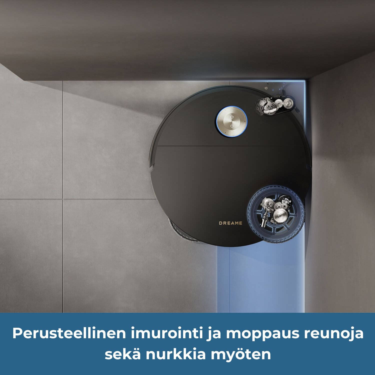Dreame X60 Ultra robotti-imurissa on liikkuva sivuharja ja reunoille ulottuva liikkuva moppi, joten se imuroi ja moppaa perusteellisesti myös seinän vierestä ja nurkista.