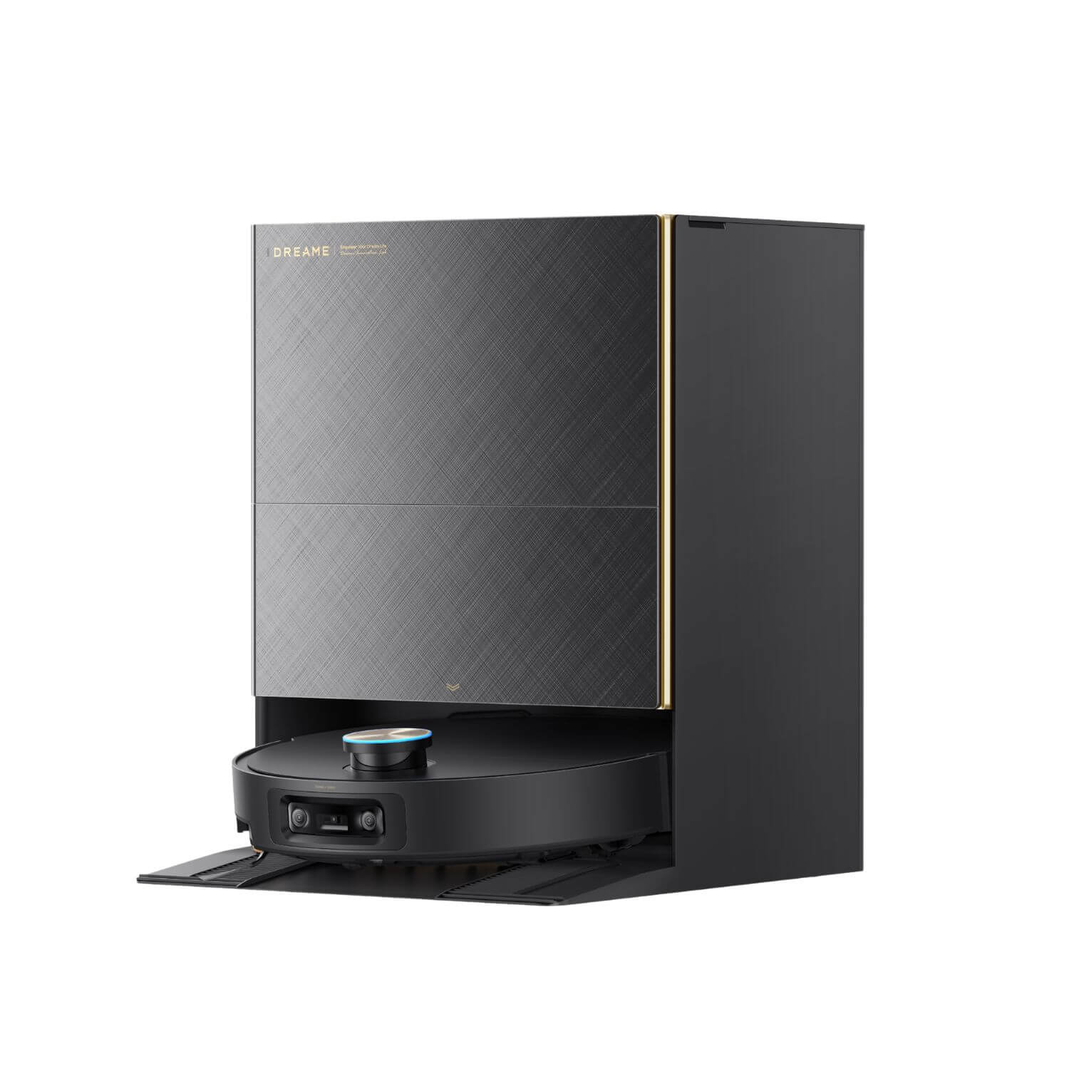 Dreame X60 Ultra robotti-imuri tuotekuva sivuviistosta, musta/kultaiset yksityiskohdat.