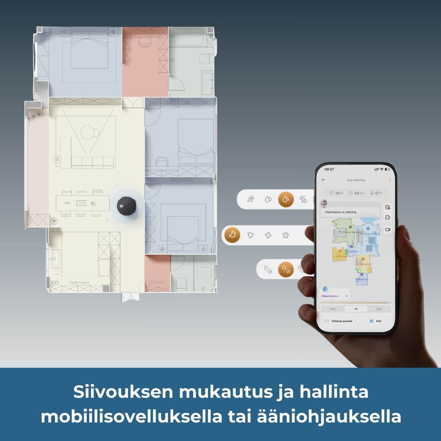 Dreame X60 Ultra robotti-imurin siivousta voi mukauttaa ja hallita Dreamehome-mobiilisovelluksella tai ääniohjauksella.