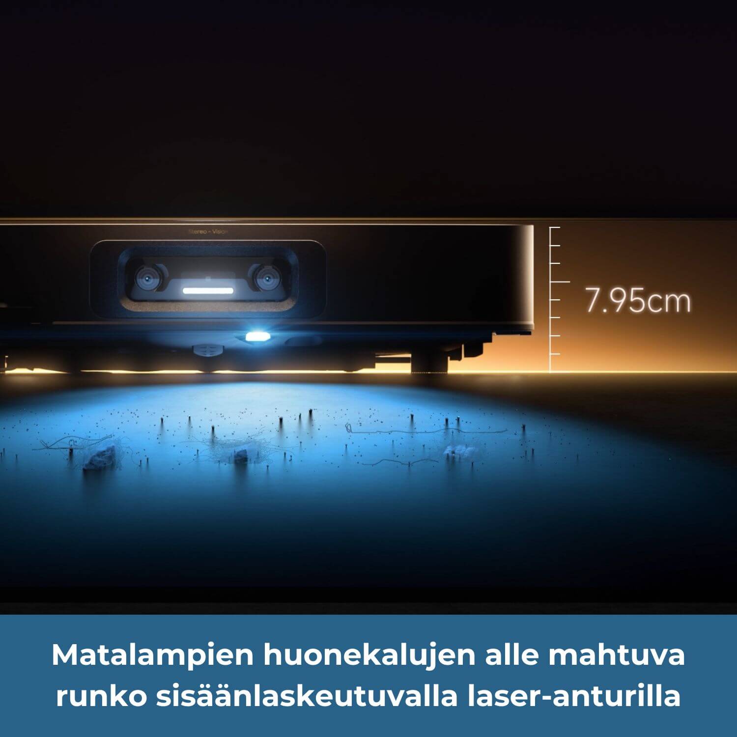 Dreame X60 Ultra robotti-imuri mahtuu matalampien huonekalujen alle, koska ohut runko sisään laskeutuvalla laseranturilla on vain 7,95 korkuinen.