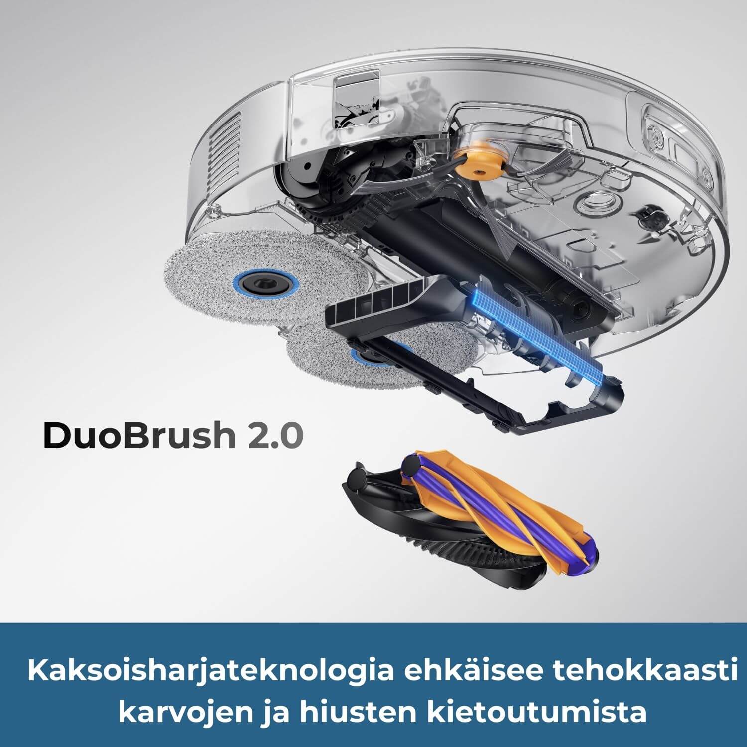 Dreame X60 Ultra robotti-imurin DuoBrush 2.0 kaksoisharjateknologia ehkäisee tehokkaasti karvojen ja hiusten kietoutumista. Lisäksi X60 Ultran sivuharjassa ja harjakotelon etureunassa on anti-tangle ominaisuus.
