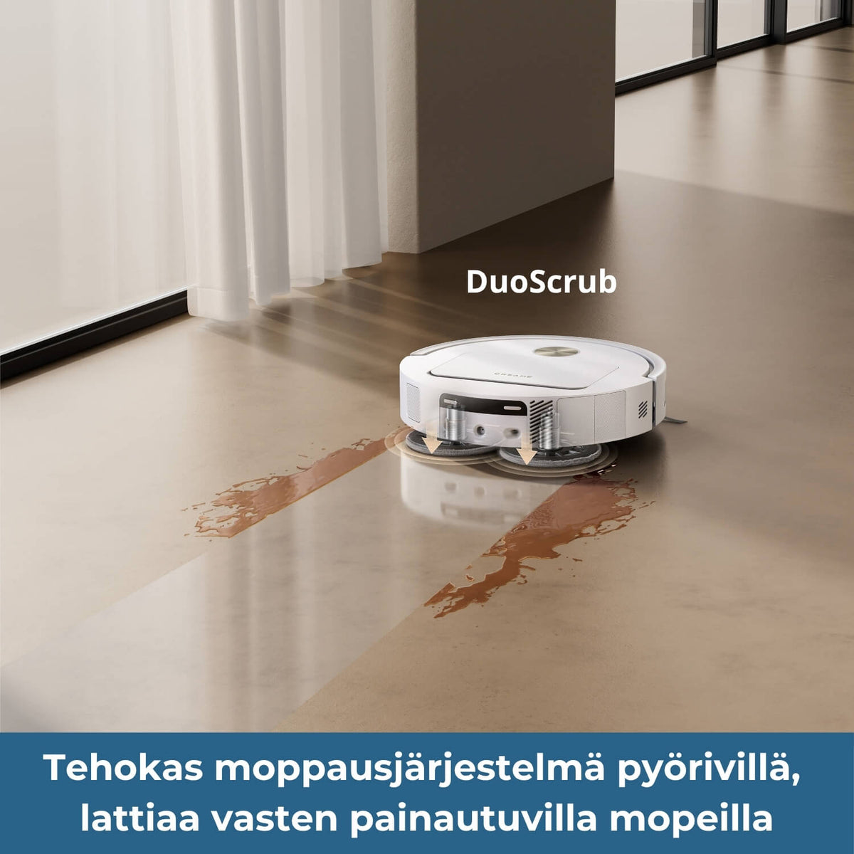 Dreame D40 Ultra robotti-imurissa on tehokas tehokas DuoScrub moppausjärjestelmä kahdella pyörivällä ja lattiaa vasten painautuvalla mopilla