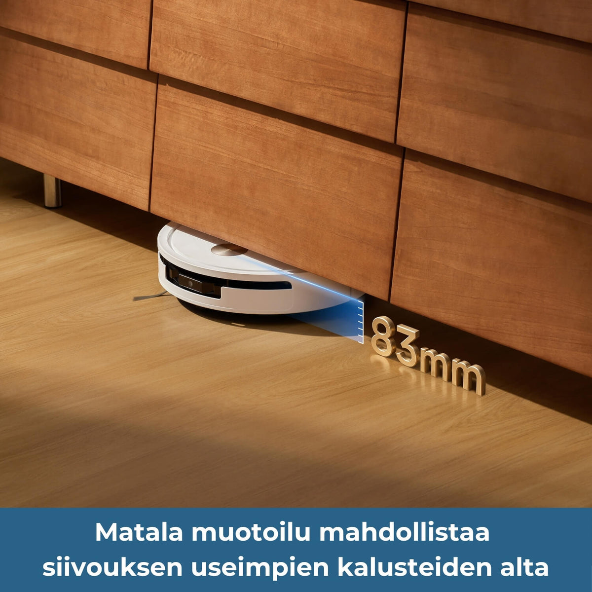 Dreame D40 Ultra robotti-imurin matala muotoilu (83 mm) mahdollistaa siivouksen useimpien kalusteiden alta.