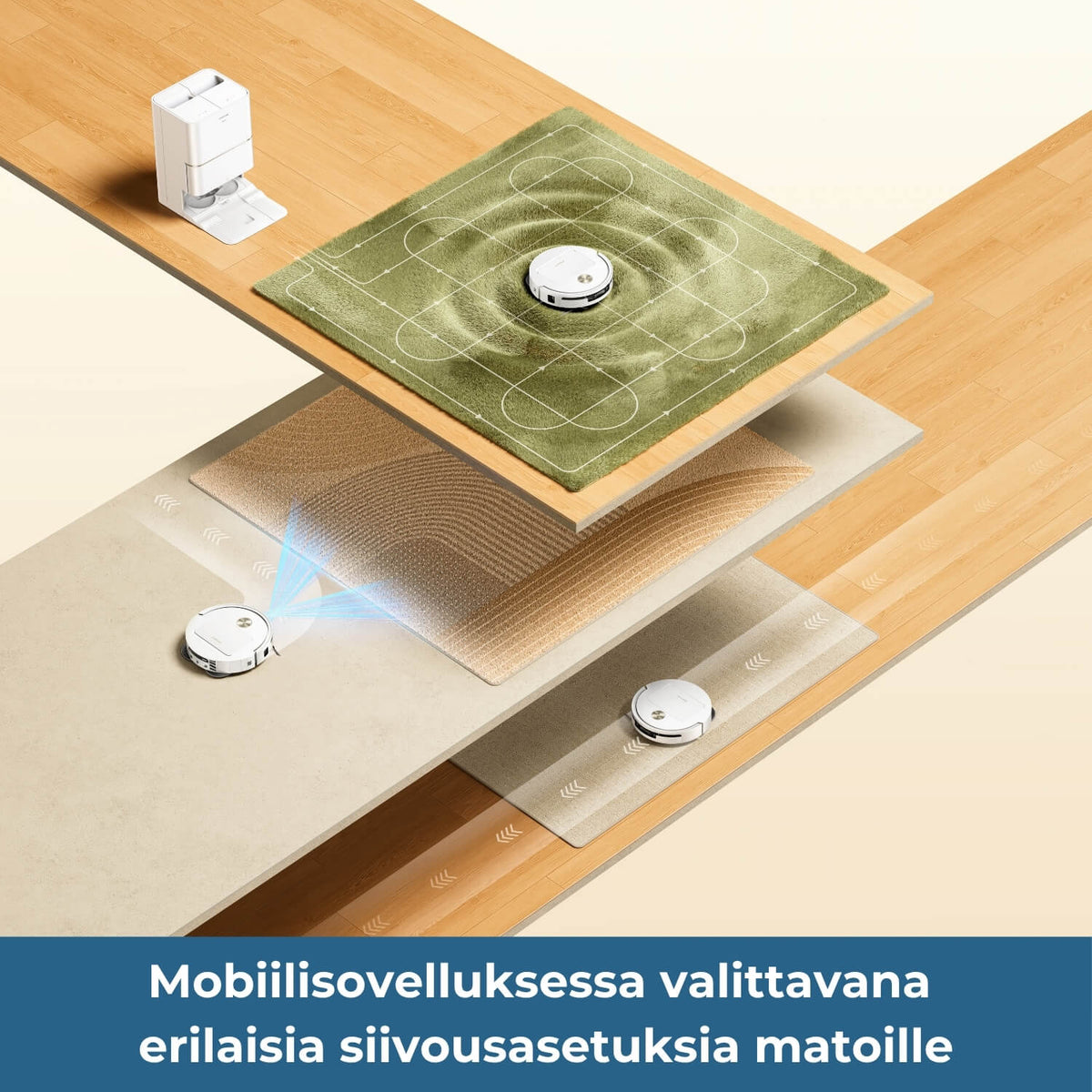 Dreame D40 Ultra robotti-imurin mobiilisovelluksessa on valittavana erilaisia siivousasetuksia matoille, esim. Carpet boost -toiminto, mattojen välttäminen tai mattojen ohittaminen.