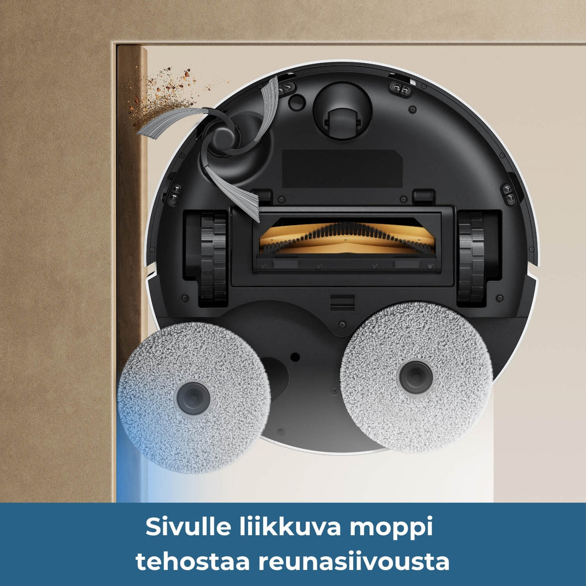 Dreame D40 Ultra robotti-imurin sivulle liikkuva moppi tehostaa reunasiivousta.