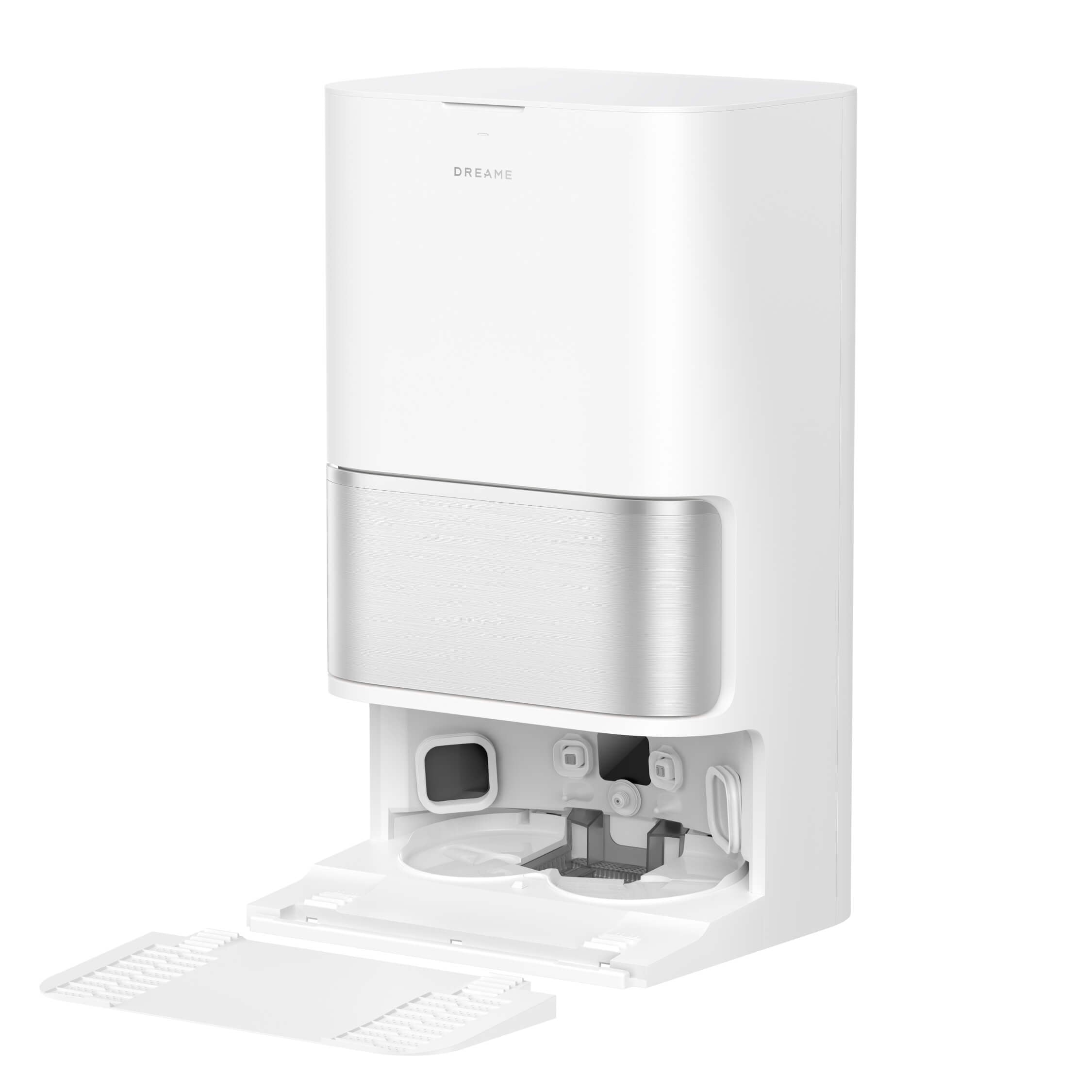 Dreame L10s Ultra Gen 3 robotti-imurin automaattinen puhdistustelakka, tyhjennys- ja täyttötoiminnot näkyvillä.