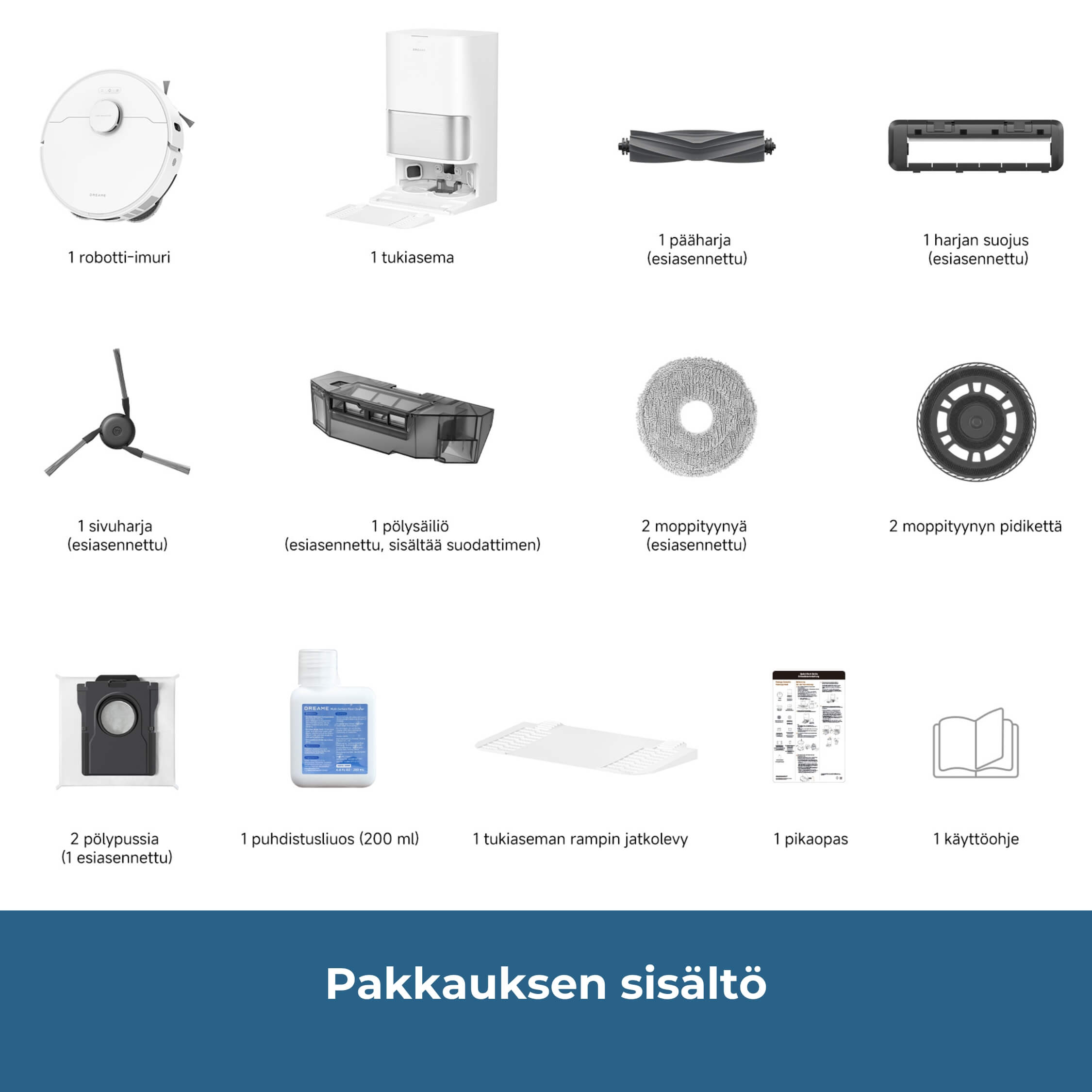 Dreame L10s Ultra Gen 3 robotti-imuri ja tarvikkeet, pakkauksen sisältö, mukaan lukien tukiasema, mopit ja puhdistusaineet.
