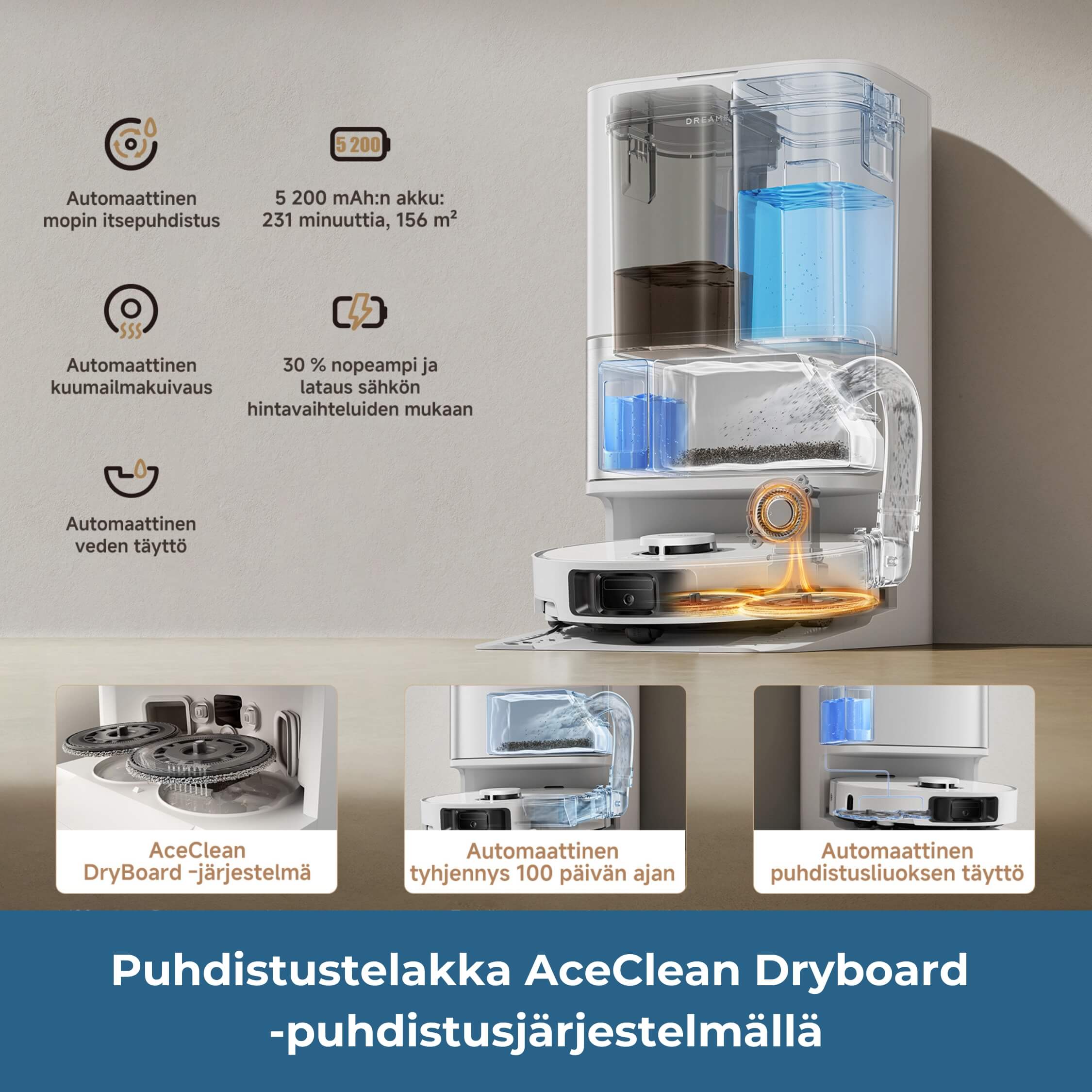 Dreame L10s Ultra Gen 3 robotti-imuri ja puhdistustelakka AceClean Dryboard-puhdistusjärjestelmällä