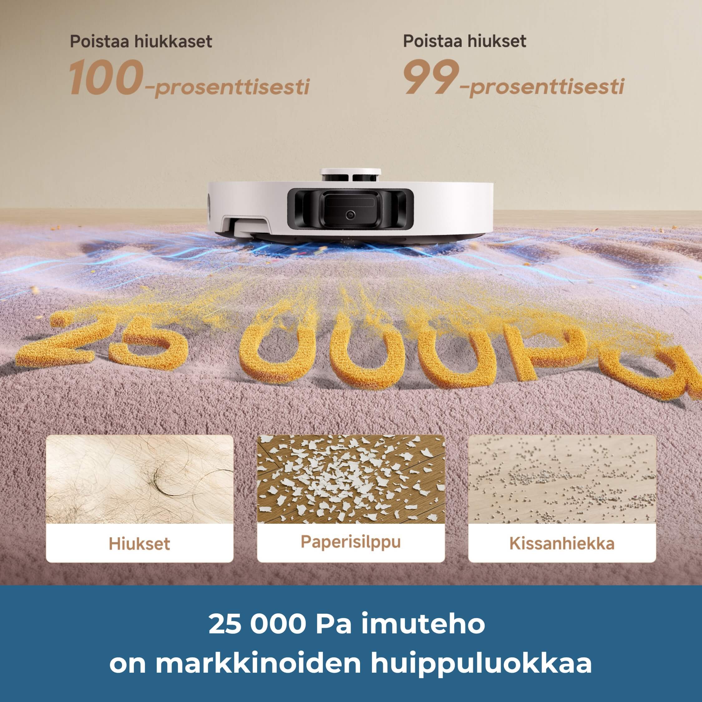 Dreame L10s Ultra Gen 3 robotti-imuri 25 000 Pa imuteho puhdistaa hiukset, paperisilppu ja kissanhiekka hyvin