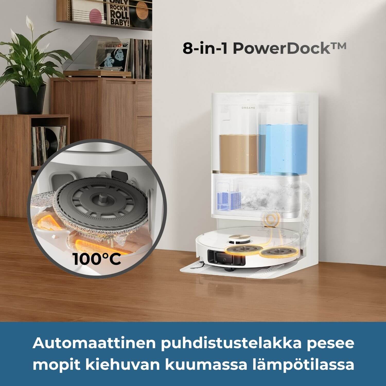 Dreame L50 Ultra AE robotti-imurin The 8-in-1 PowerDock automaattinen puhdistustelakka täyttää veden ja pesuaineen robottiin, tyhjentää pölysäiliön ja likaveden telakkaan, pesee mopit kiehuvan kuumassa, jopa 100-asteisessa lämpötilassa ja kuivaa ne kuumalla ilmapuhalluksella.