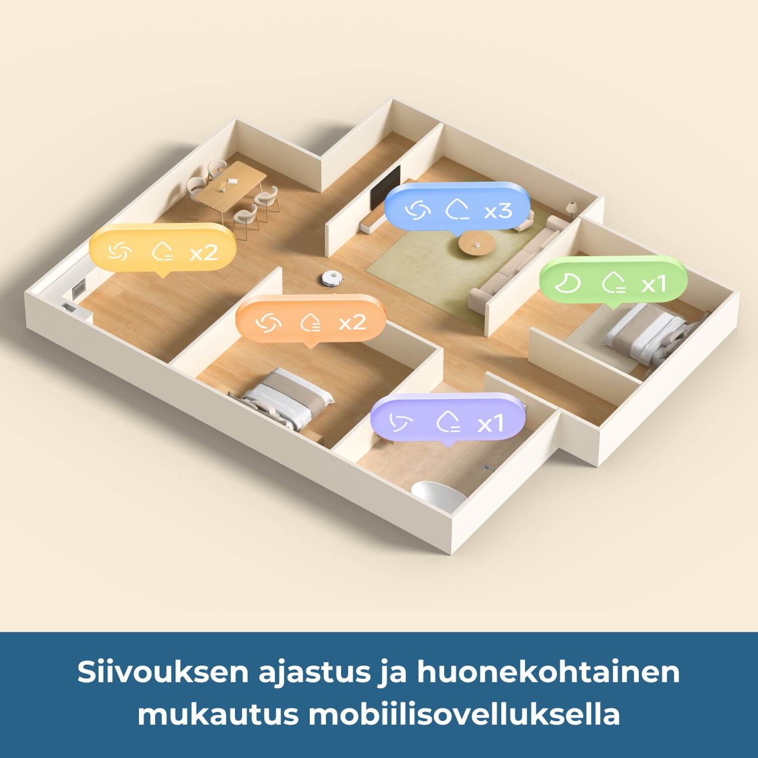 Dreame L50 Ultra AE robotti-imurin siivousta voidaan ajastaa ja mukauttaa huonekohtaisesti mobiilisovelluksella.
