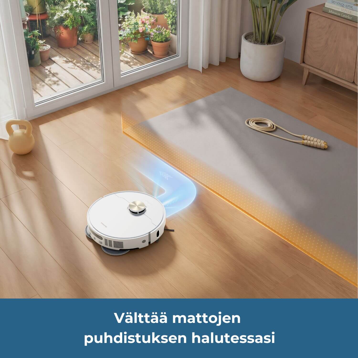 Dreame L50 Ultra AE robotti-imuri välttää mattojen puhdistuksen halutessasi, esimerkiksi jos kyseessä on joogamatto.