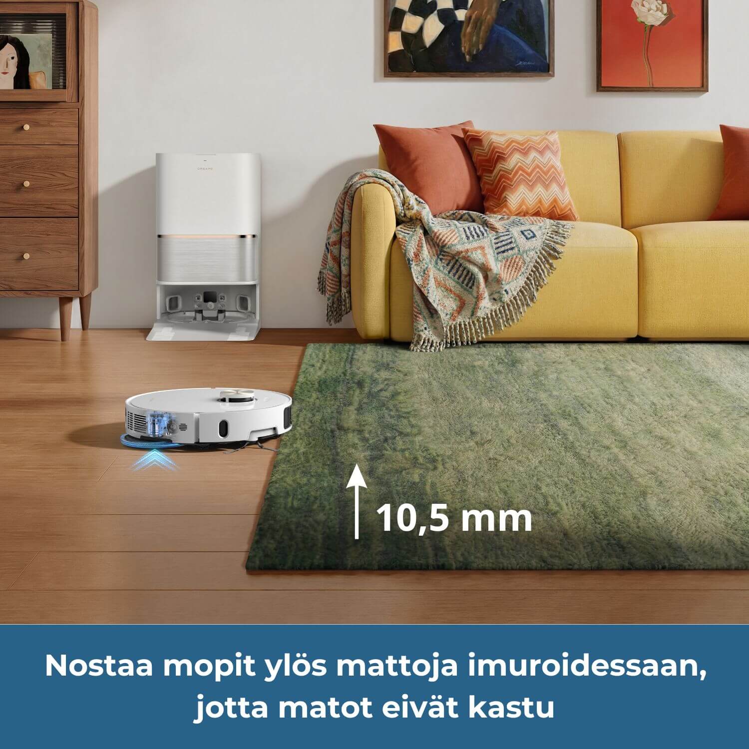 Dreame L50 Ultra AE robotti-imuri nostaa mopit ylös 10,5 mm korkeuteen automaattisesti mattoja imuroidessaan, jotta matot eivät kastu.