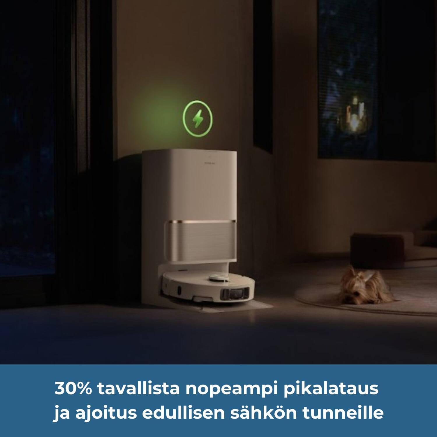 Dreame L50 Ultra AE robotti-imurissa on 30% tavallista nopeampi pikalataus ja se voidaan ajoittaa edullisen sähkön tunneille.