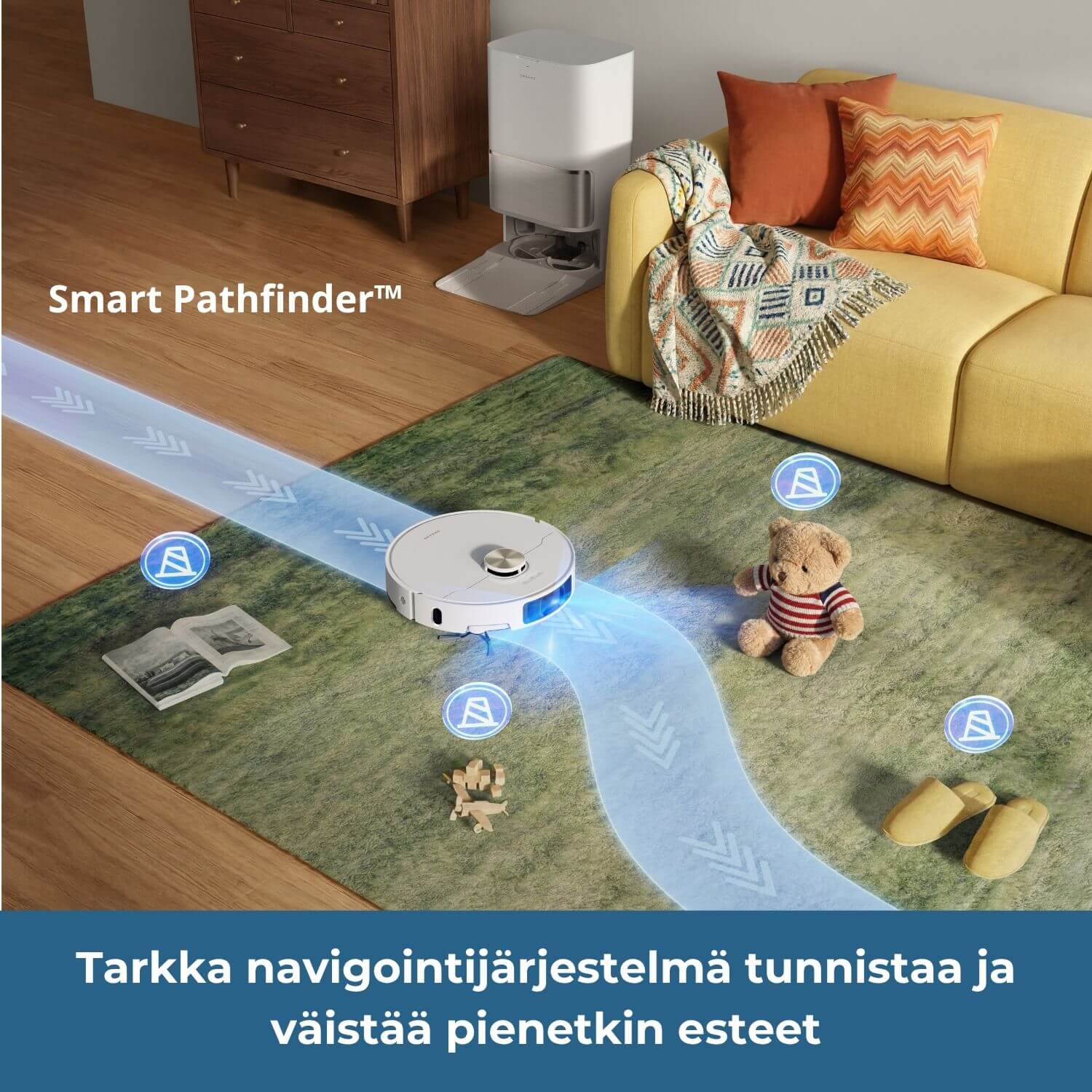Dreame L50 Ultra AE robotti-imurin tarkka Smart Pathfinder -navigointijärjestelmä tunnistaa ja väistää pienetkin esteet, kuten lattialla olevat tossut, lelut tai kirjat.