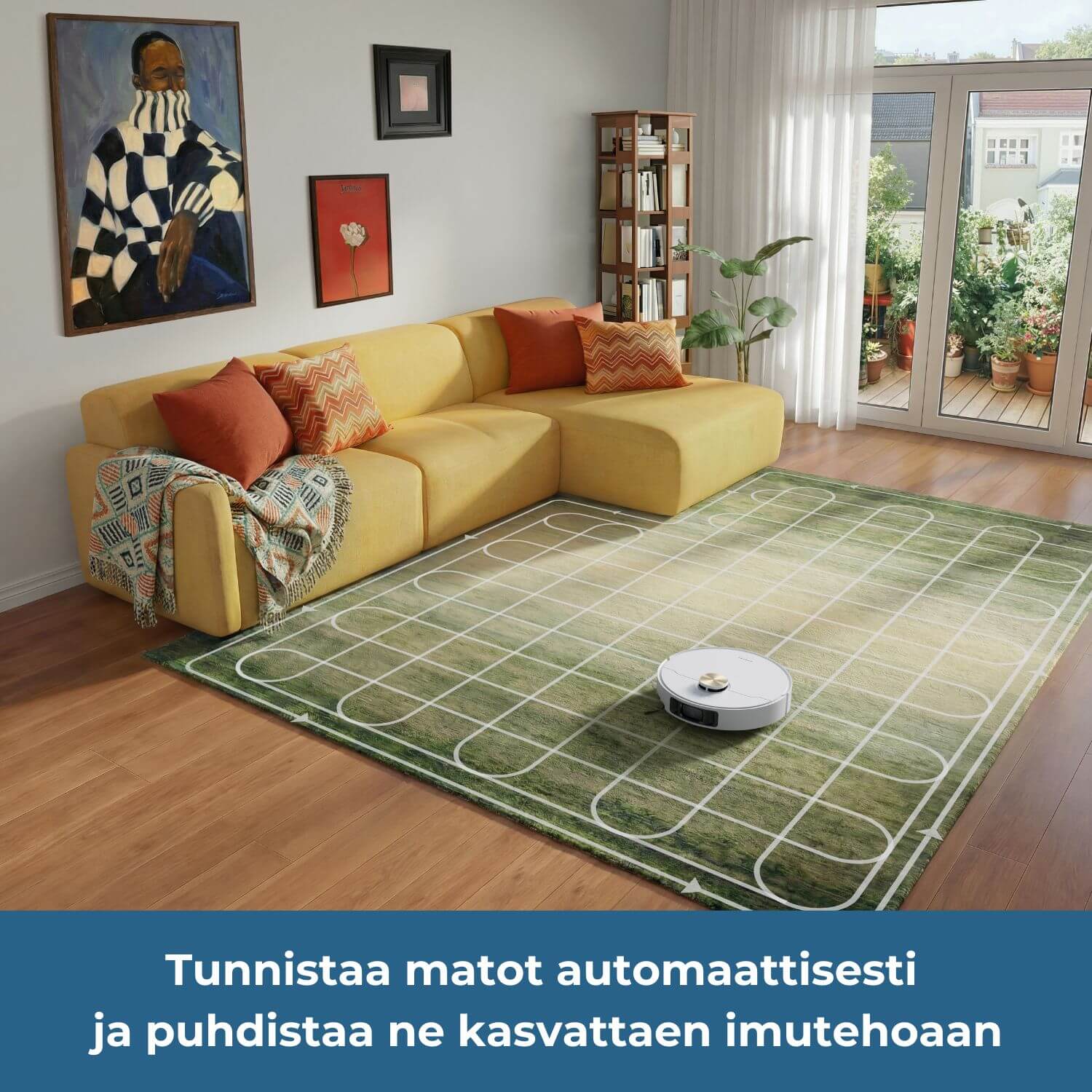 Dreame L50 Ultra AE robotti-imuri tunnistaa matot automaattisesti ja puhdistaa ne järjestelmällisesti ja perusteellisesti kasvattaen imutehoaan automaattisesti.