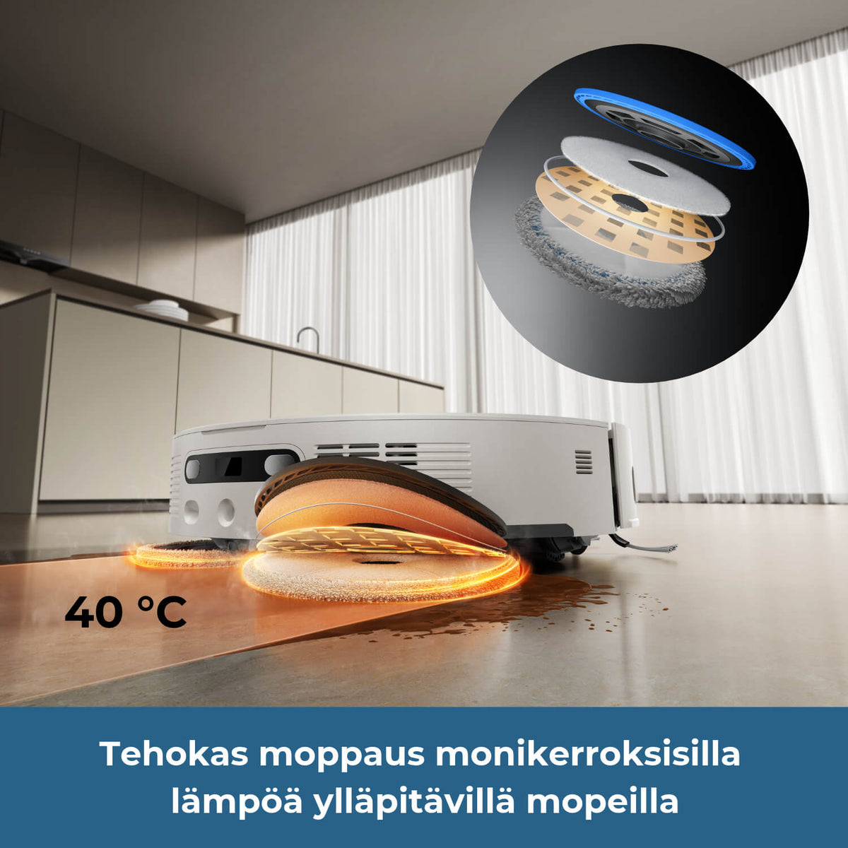 Dreame L60 pro Ultra robotti-imurissa on erittäin tehokas moppaus monikerroksisilla lämpöä ylläpitävillä mopeilla, jotka pitävät noin 40 asteen lämpötilaa yllä moppauksen aikana.
