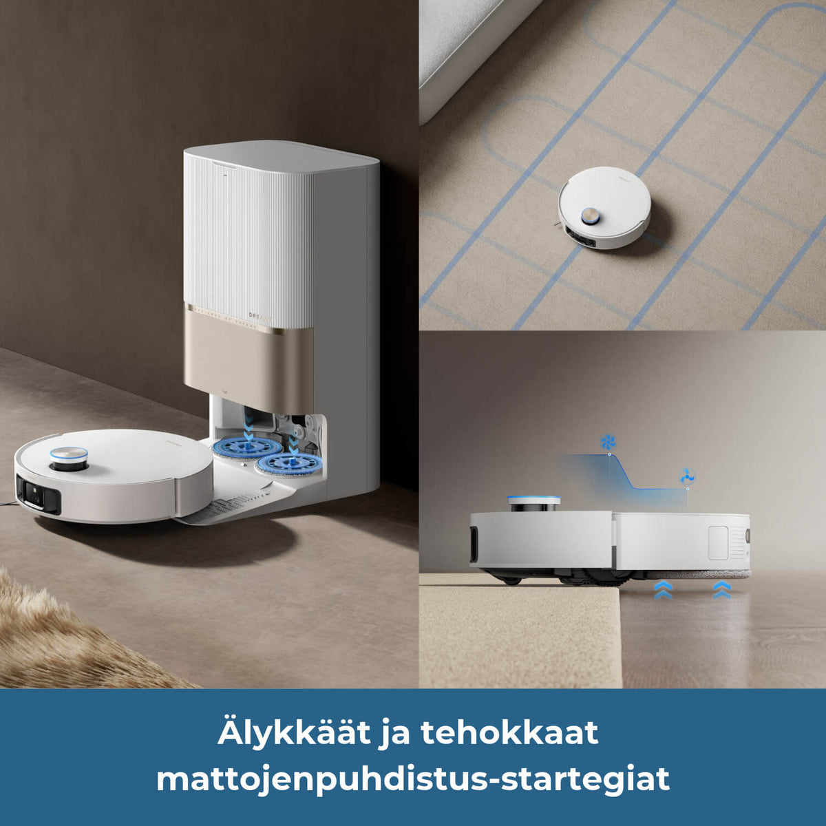Dreame L60 Pro Ultra robotti-imurissa on älykkäät strategiat mattojen tehokkaaseen puhdistukseen. Se tehoimuroi matot ristikkäisellä liikkeellä, voi jättää mopit automaattisesti telakkaan tai nostaa mopit ylös mattoja imuroidessaan, jotta matot eivät kastu.