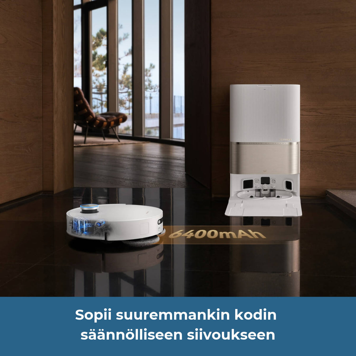 Dreame L60 Pro Ultra robotti-imuri, jossa on 6400 mAh akku, sopii suuremmankin kodin säännölliseen siivoukseen.