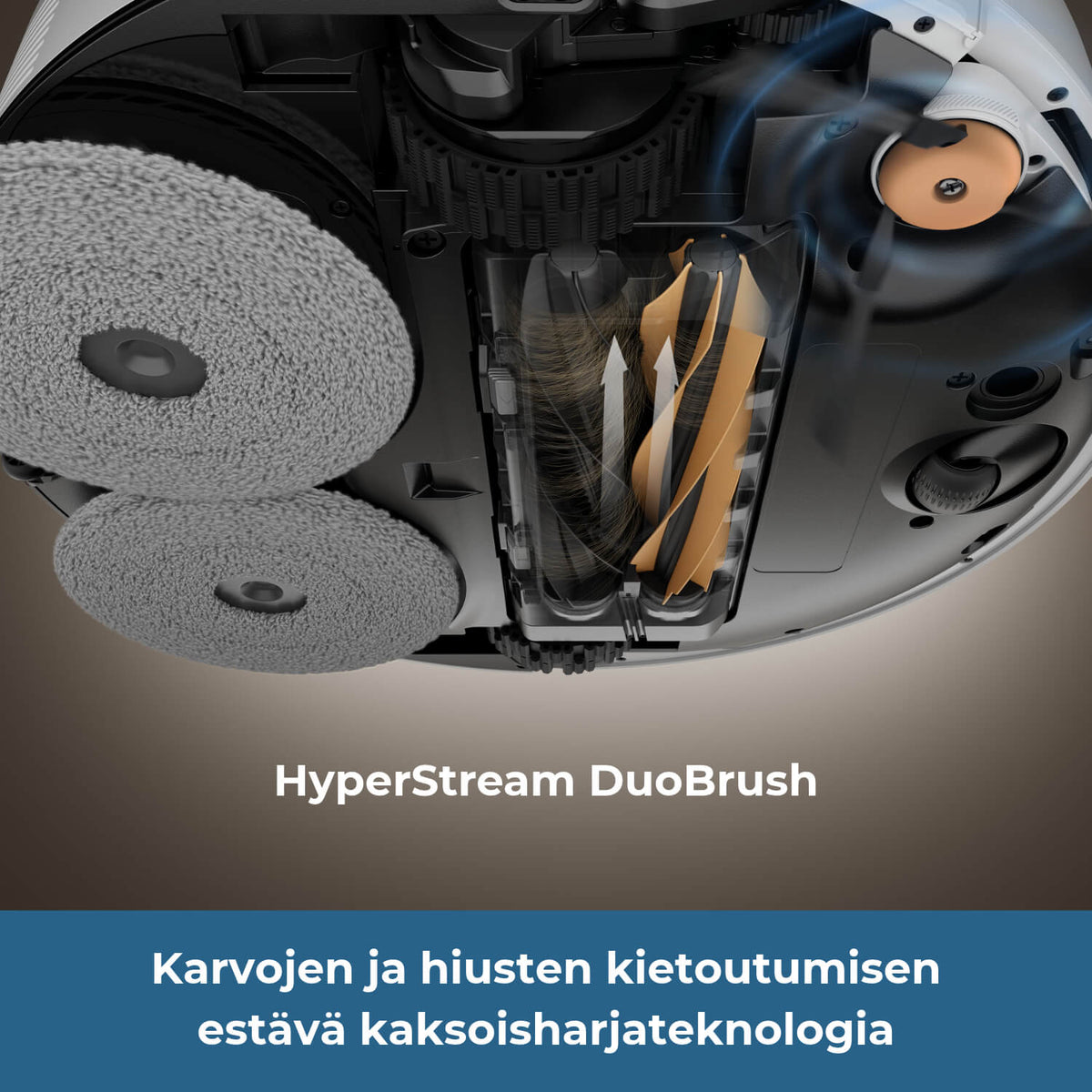 Dreame L60 Pro Ultra robotti-imurin HyperStream DuoBrush-kaksoisharjateknologia ehkäisee tehokkaasti karvojen ja hiusten kietoutumista.