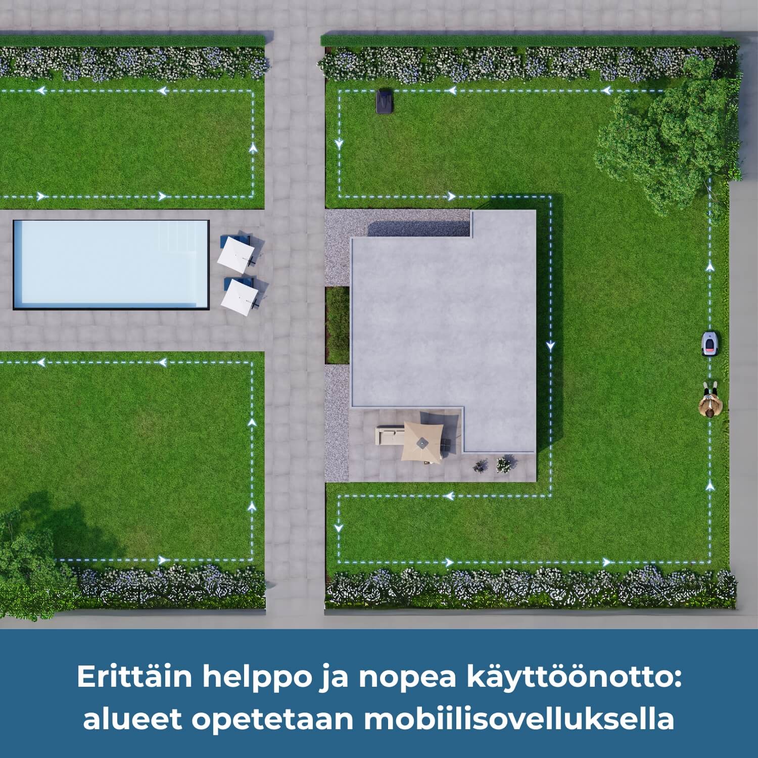 Dreame A1 Pro robottiruohonleikkurin käyttöönotto/asennus on erittäin helppoa ja nopeaa: nurmialueet opetetaan robotille mobiilisovelluksella.