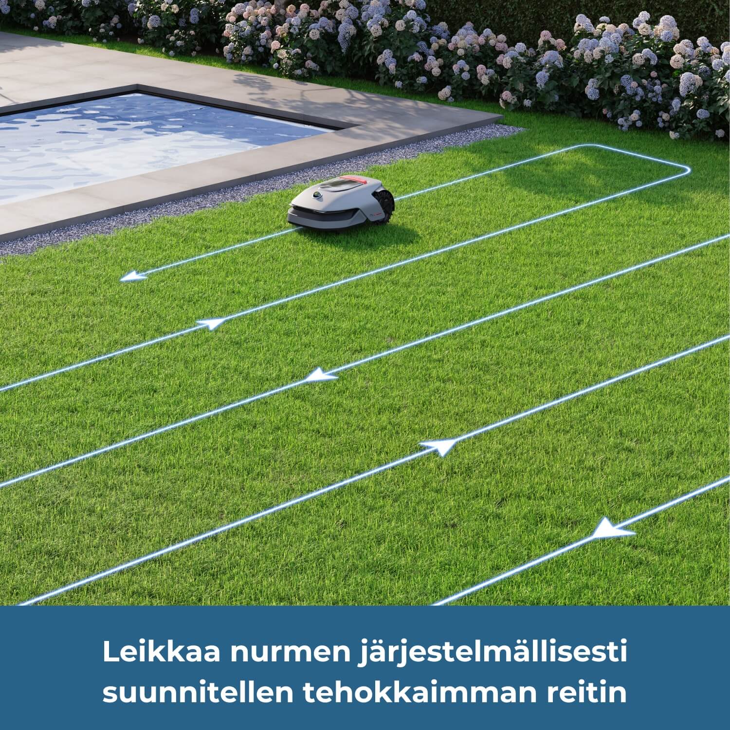 Dreame A1 Pro robottiruohonleikkuri leikkaa nurmen järjestelmällisesti ja suunnittelee tehokkaimman reitin.