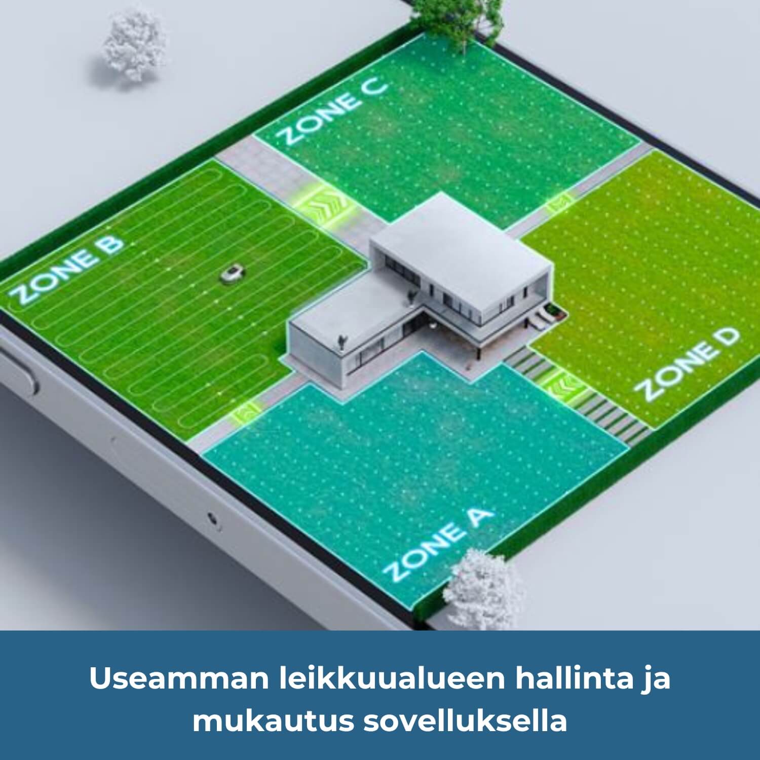 Dreame A1 Pro robottiruohonleikkuri voi hallita useampaa leikkuualuetta ja niiden asetuksia voidaan mukauttaa mobiilisovelluksella.