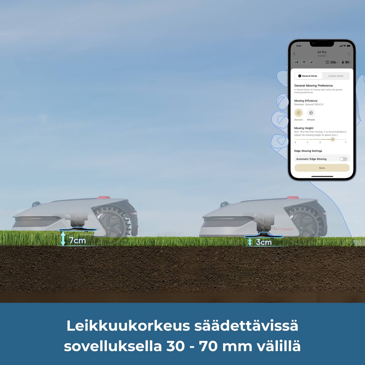 Dreame A1 Pro robottiruohonleikkurissa on sähköinen leikuukorkeuden säätö mobiilisovelluksella 30 - 70 mm välilllä.