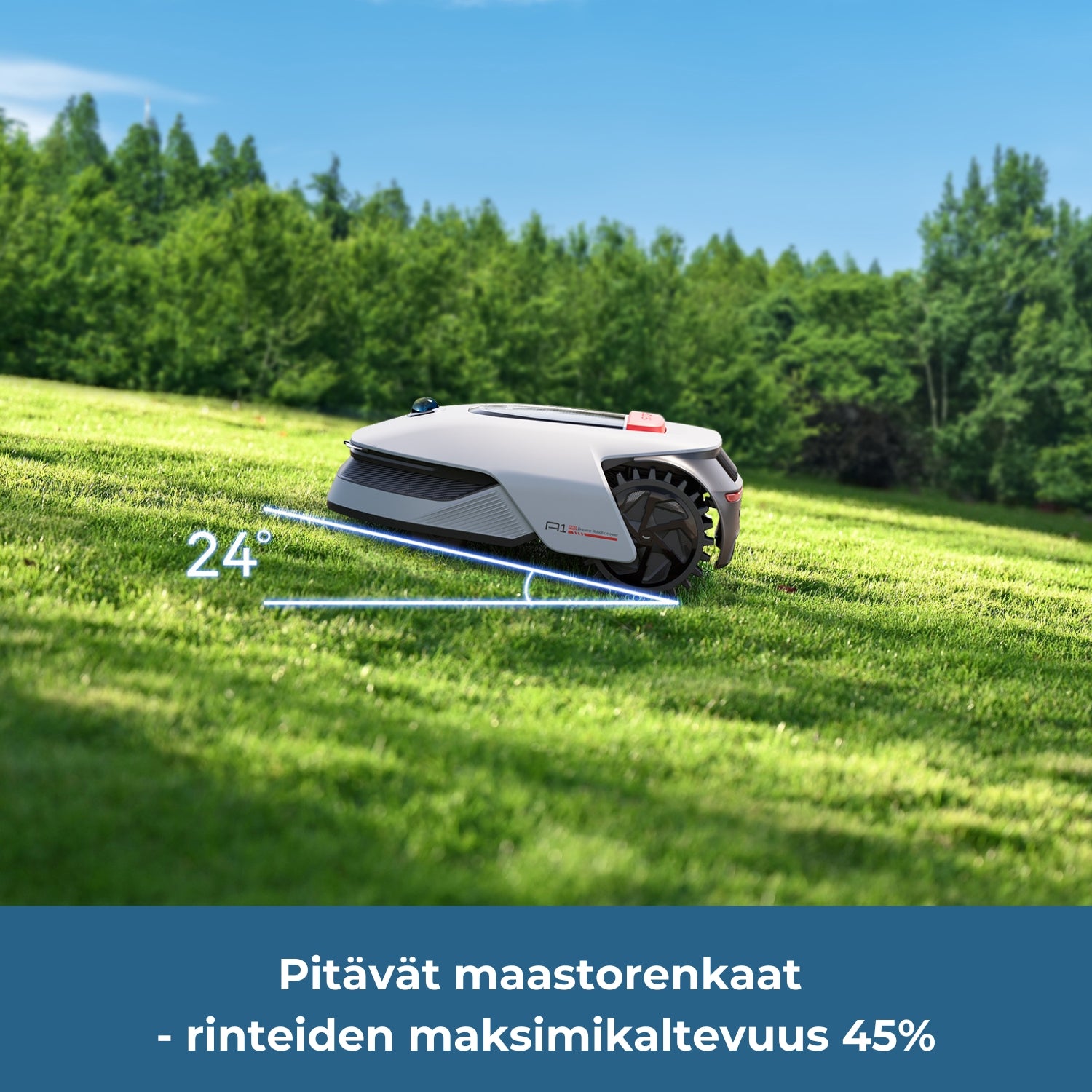 Dreame A1 Pro robottiruohonleikkurissa on pitävät maastorenkaat ja se pystyy leikkaamaan kaltevuudeltaan 45% (24 astetta) rinteissä.