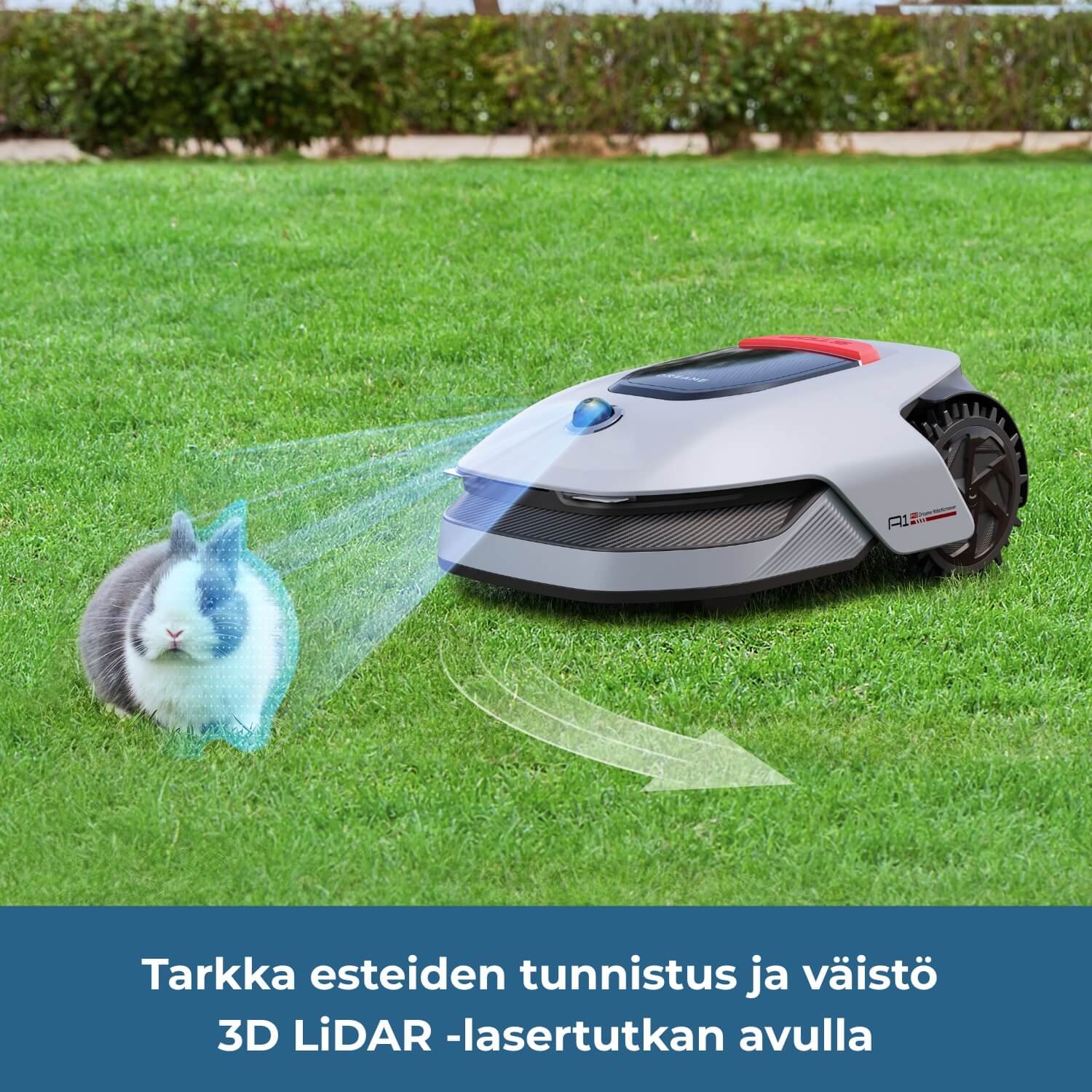 Dreame A1 Pro robottiruohonleikkuri tunnistaa ja väistää esteet tarkasti 3D LiDAR-lasertutkan avulla.
