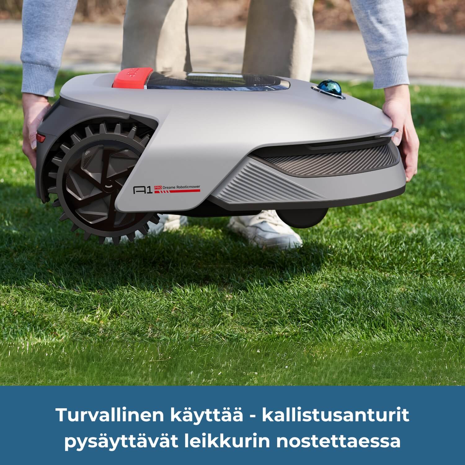 Dreame A1 Pro robottiruohonleikkuri on turvallinen käyttää: kallistusanturit pysättävät leikkuuterät robottia nostettaessa.
