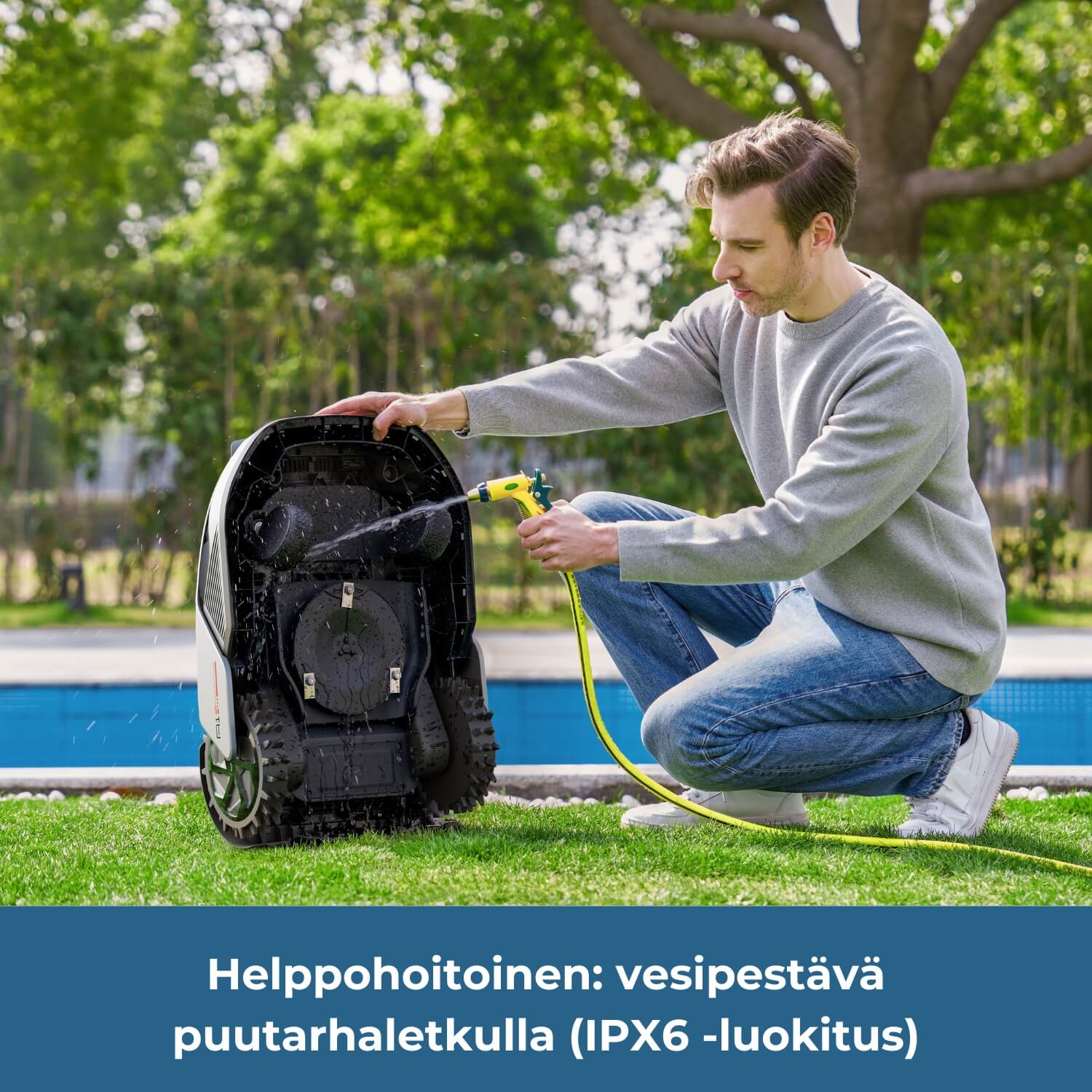 Dreame A1 Pro robottiruohonleikkuri on helppohoitoinen ja vesipestävä puutarhaletkulla (IPX6 luokitus).