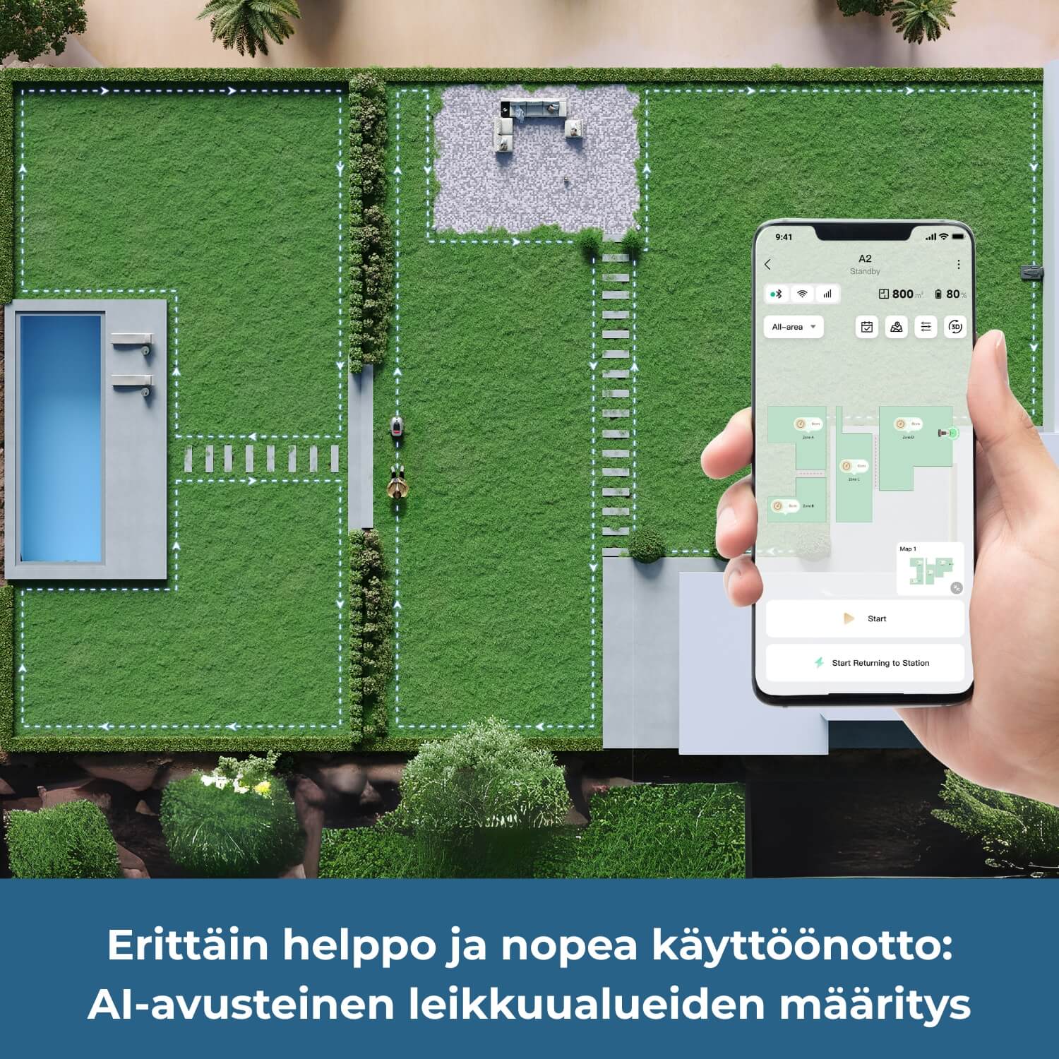 Dreame A2 robottiruohonleikkurin asennus/käyttöönotto on erittäin helppo ja nopea, sillä tekoälyavusteinen kamera tunnistaa ja määrittää leikkuualueet automatisoidusti.
