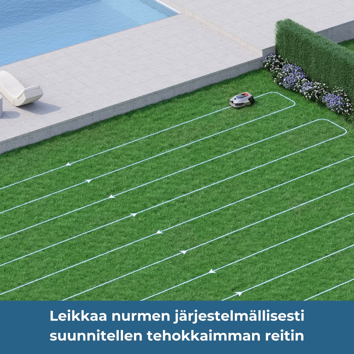 Dreame A2 robottiruohonleikkuri leikkaa nurmen järjestelmällisesti ja suunnittelee tehokkaimman reitin.