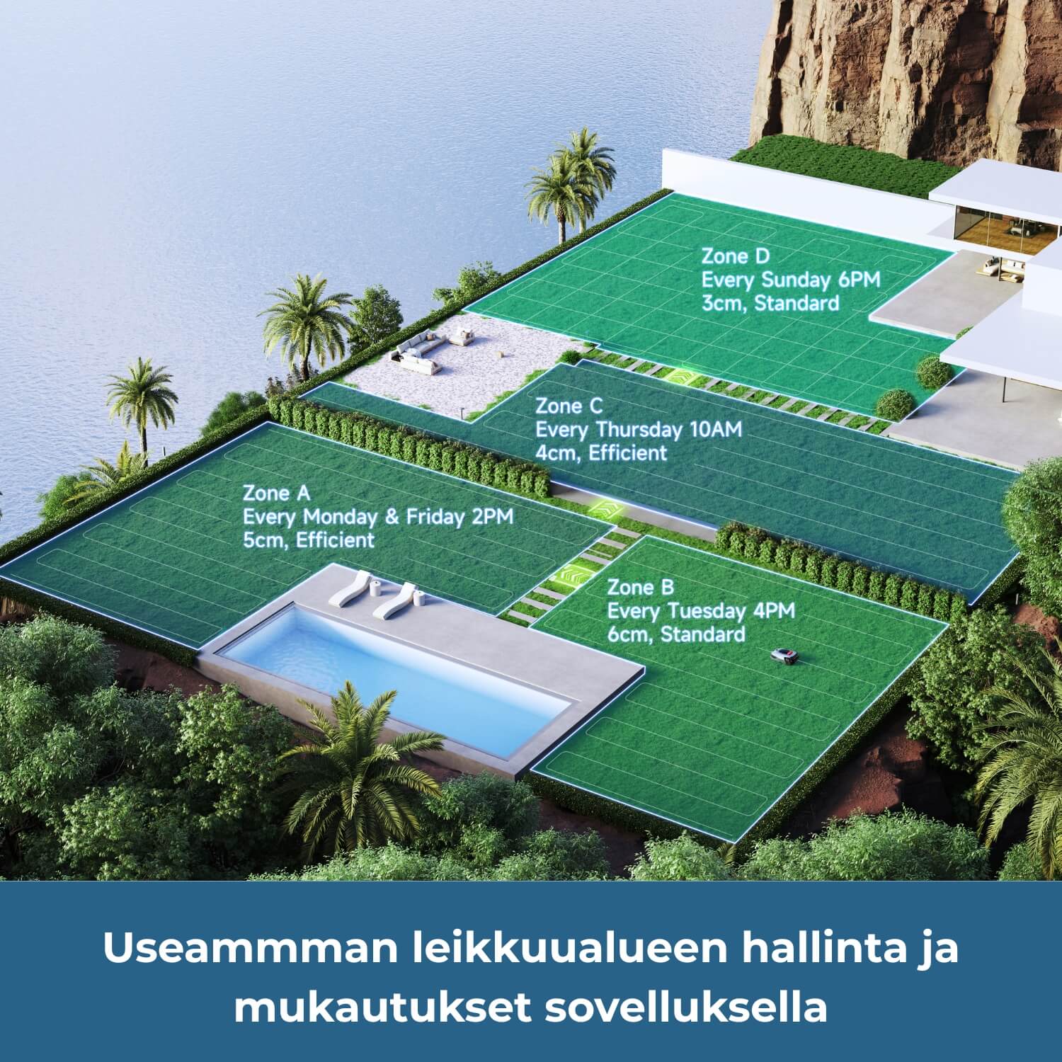 Dreame A2 robottiruohonleikkuri voi hallita useita eri leikkuualueita ja niitä voidaan mukauttaa mobiilisovelluksella.