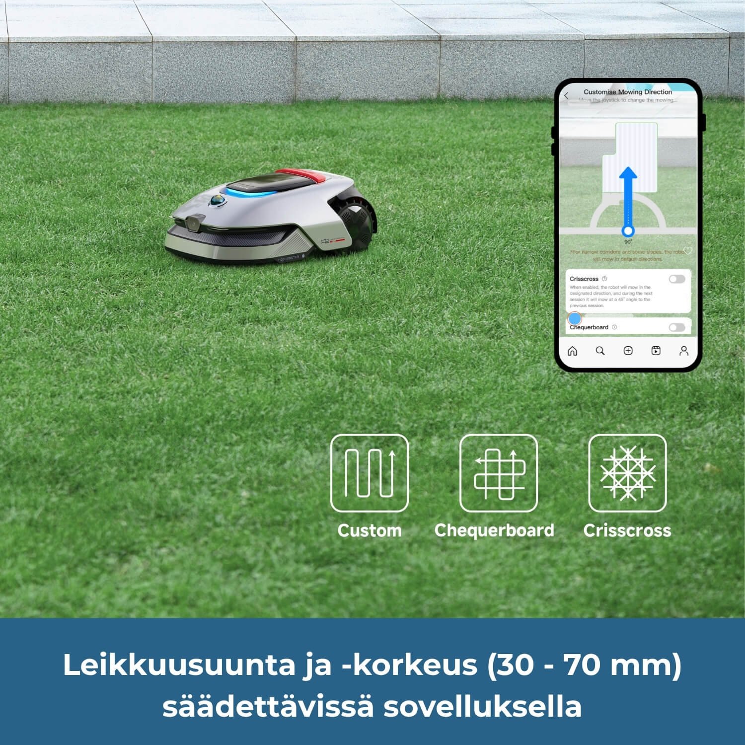 Dreame A2 robottiruohonleikkurissa on sähköinen leikkuukorkeuden säätö 30 - 70 mm välillä mobiilisovelluksesta sekä leikkuusuunta voidaan säätää (leikkaa edestakaisin, ristiin-rastiin tai ruudukoittain)