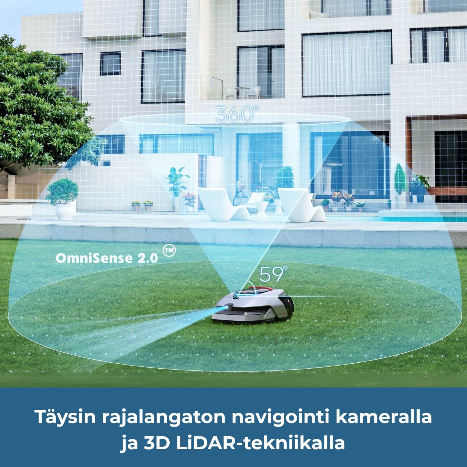 Dreame A2 robottiruohonleikkuri on täysin rajalangaton - siinä on Omnisense 2.0 navigointijärjestelmä, joka hyödyntää kameranäköä ja 3D LiDAR tekniikkaa navigoinnissa.