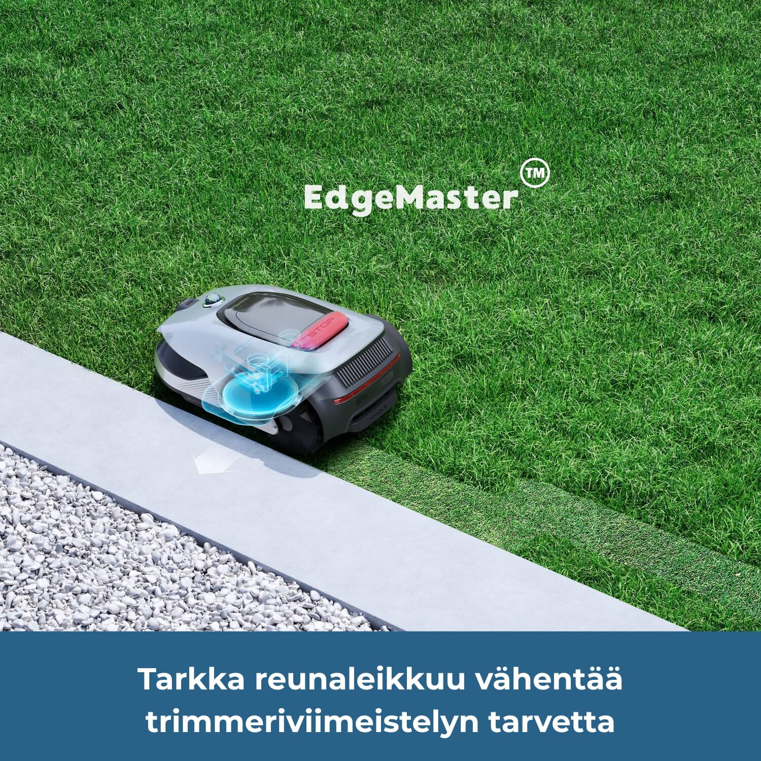 Dreame A2 robottiruohonleikkurinEdgeMaster -reunaleikuuominaisuus huolehtii reunojen tarkasta ajosta, joka vähentää tarvetta viimeistellä reunoja trimmerillä.