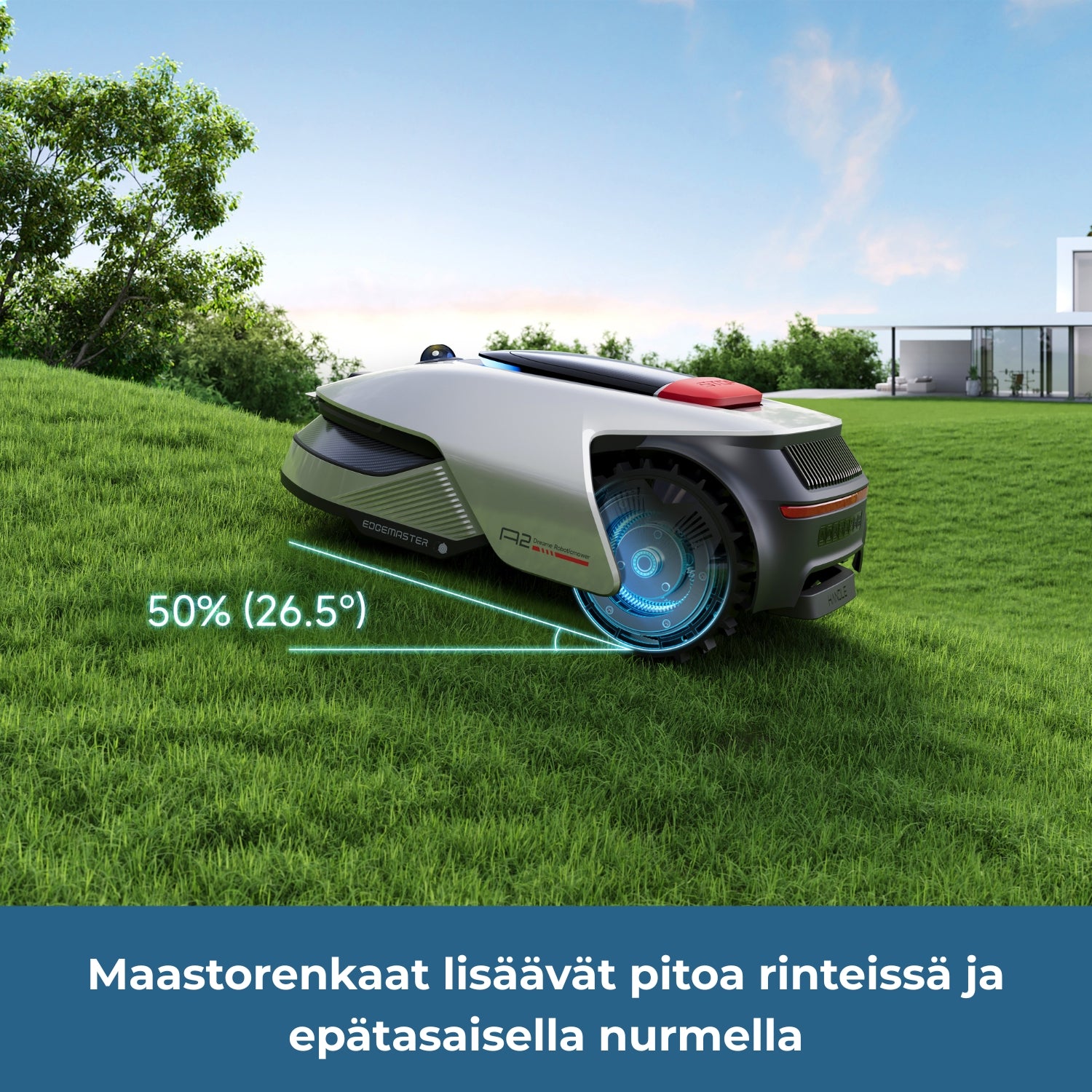 Dreame A2 robottiruohonleikkurissa on maastorenkaat, jotka lisäävät pitoa rinteissä ja epätasdaisella nurmella. Robotin nousukyky kattaa 50% (26.5 asteen) kaltevuuskulman rinteet.