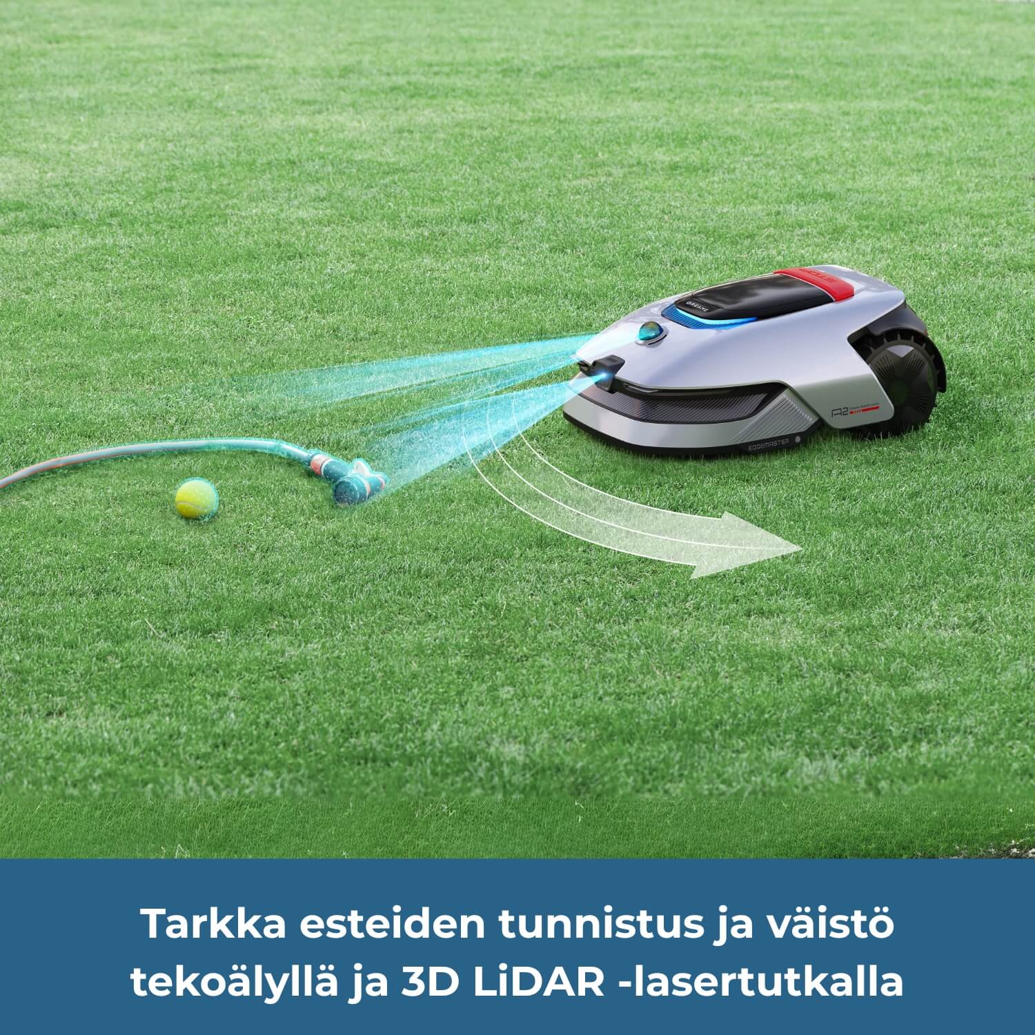 Dreame A2 robottiruohonleikkuri tunnistaa ja väistää esteet tarkasti tekoälyn ja 3D LiDAR-lasertutkan avulla.
