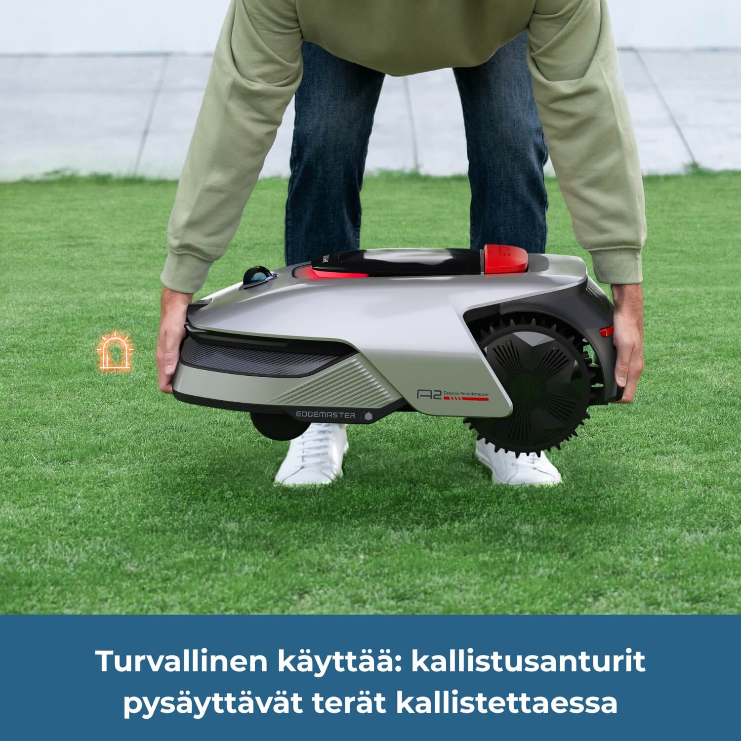 Dreame A2 robottiruohonleikkuri on turvallinen käyttää - kallistusanturit aktivoituvat robottia nostettaessa